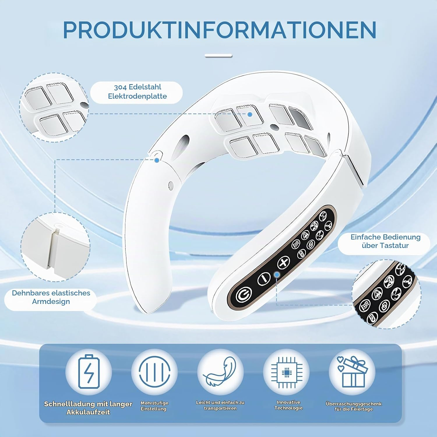 Weißes Nackenmassagegerät mit Edelstahlpads, Bedientasten und Funktionshinweisen auf blauem Hintergrund.