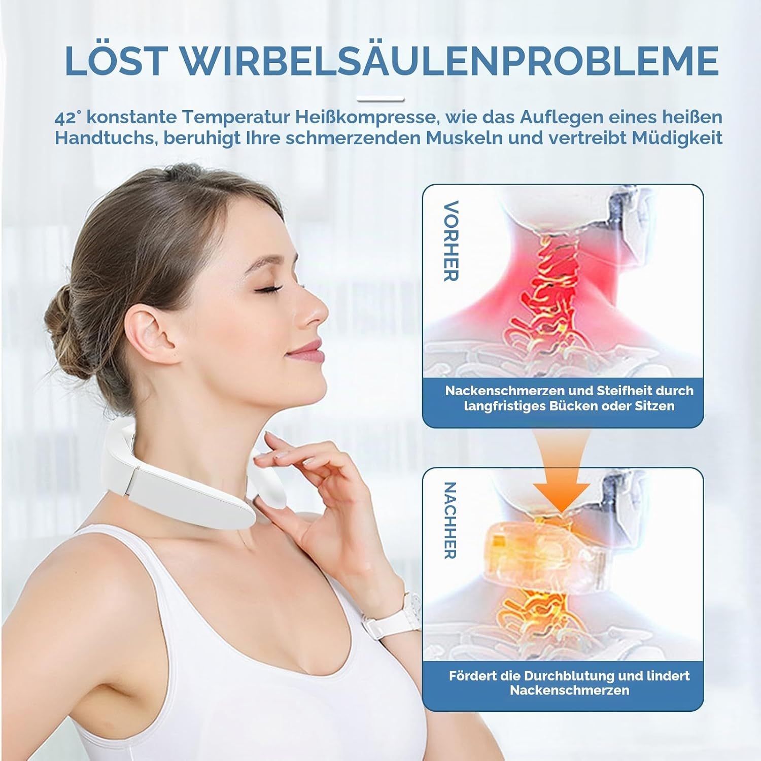 Frau trägt ein weißes Nackenmassagegerät mit Wärmetherapie und Diagrammen.