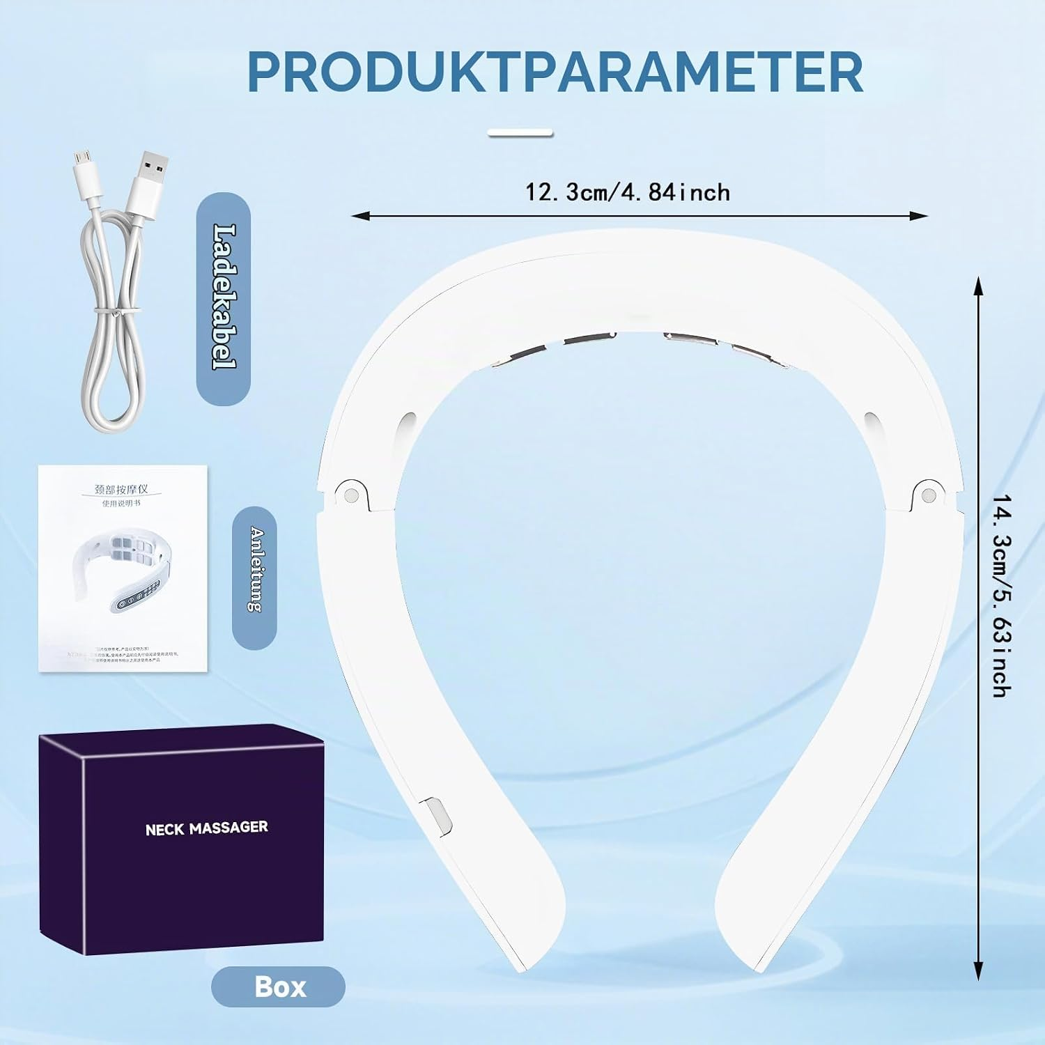Produktparameter eines weißen Nackenmassagegeräts mit Ladekabel, Anleitung und Box sowie Maßen.