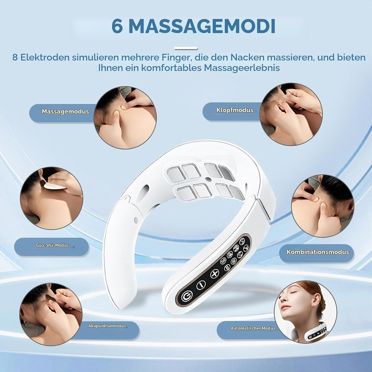 Weißes Nackenmassagegerät mit sechs verschiedenen Modi und Elektroden auf blauem Hintergrund.