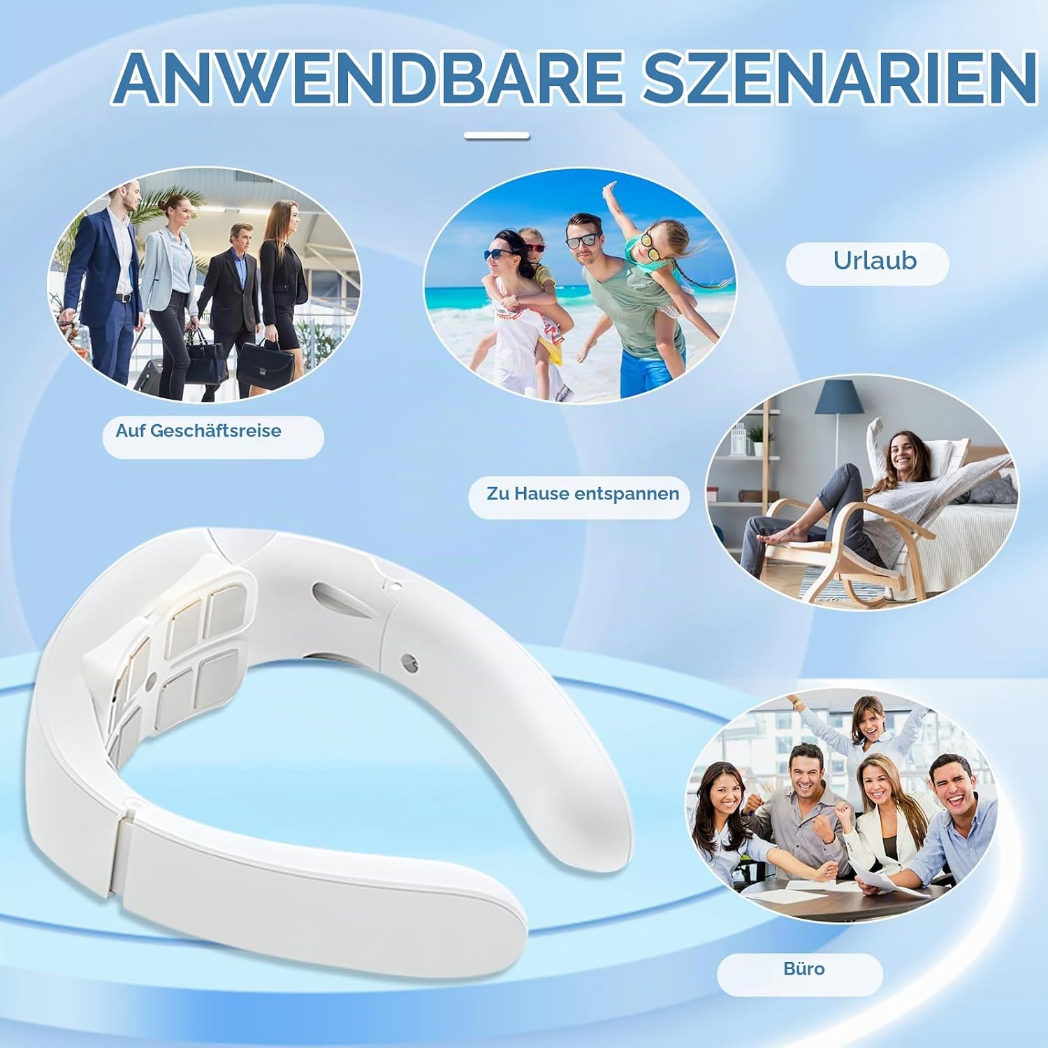 Weißes Nackenmassagegerät mit Szenenbildern für Geschäft, Urlaub, Zuhause und Büro.