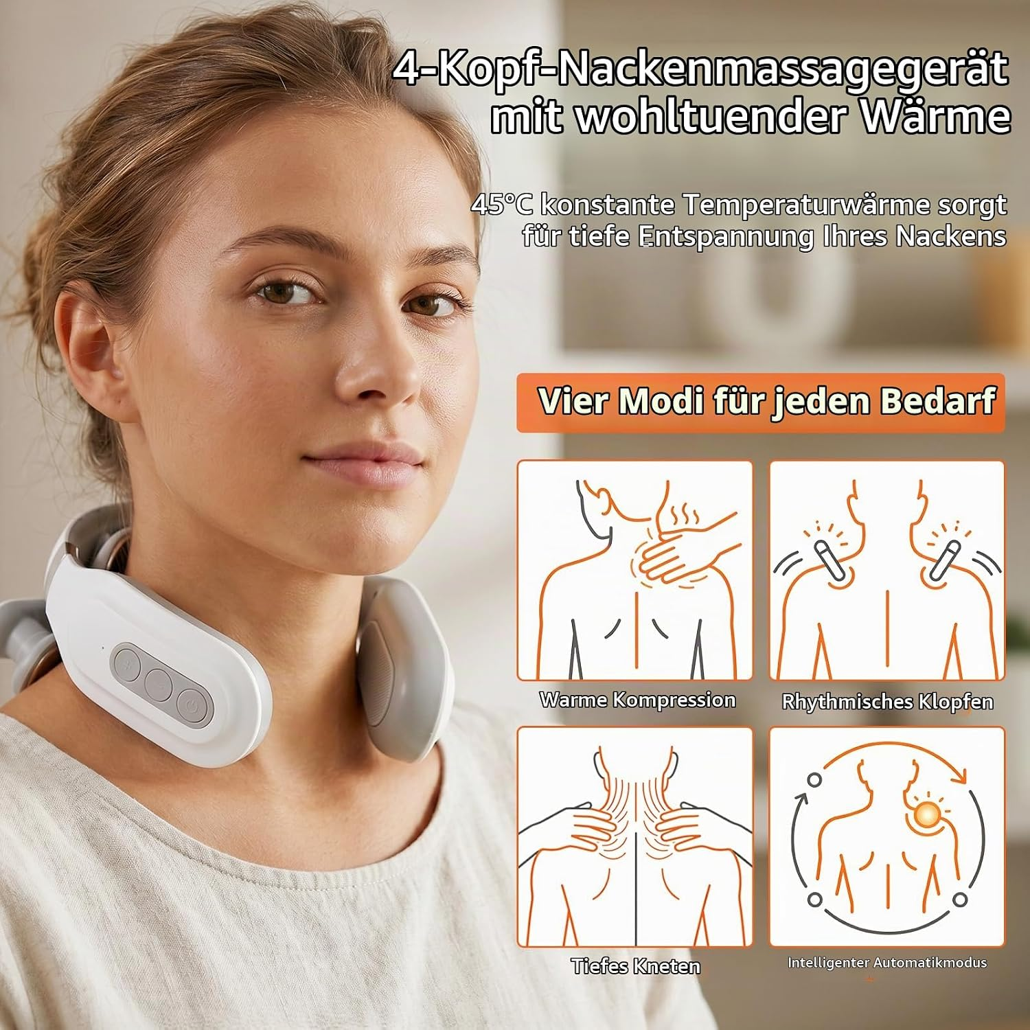 Eine Frau trägt ein weißes Nckenmassagegerät, mit Grafiken der vier verschiedenen Modi und erklärendem Text.