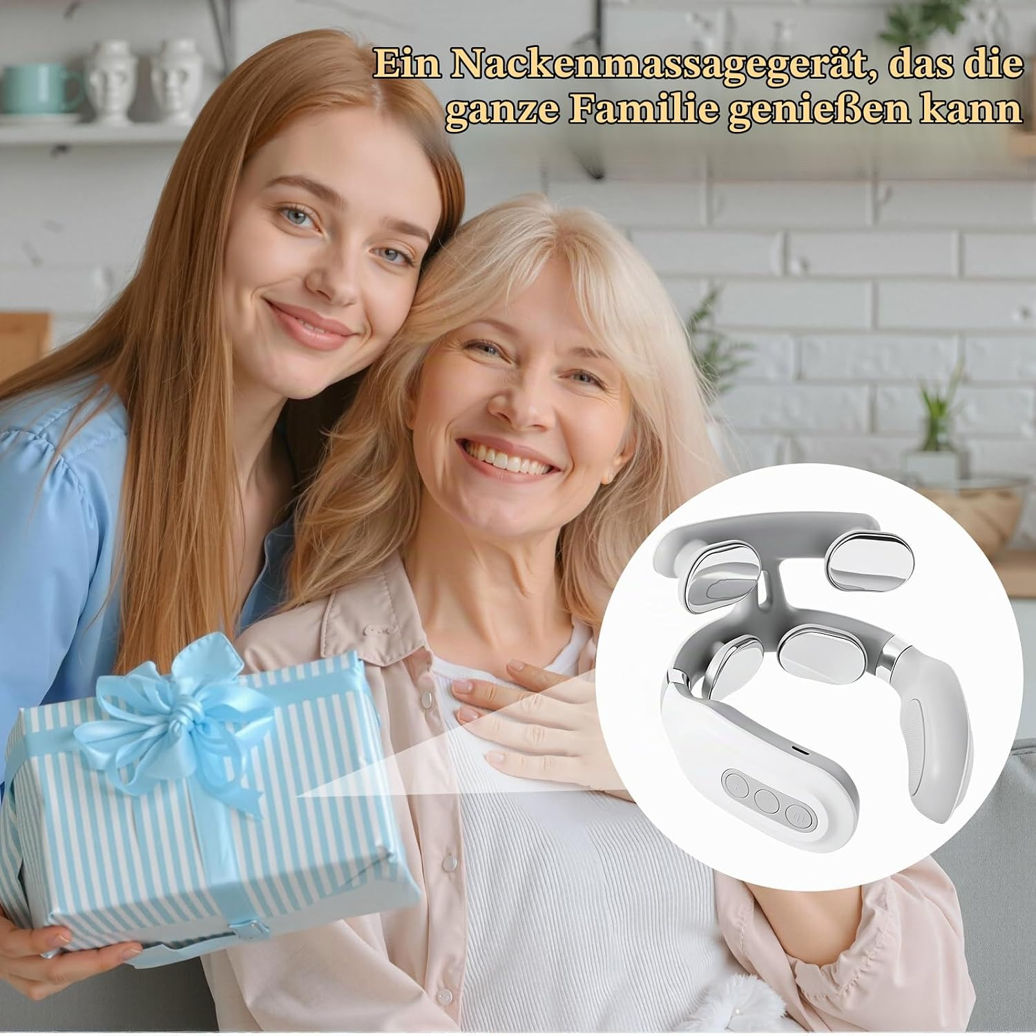 Eine Frau hält ein Geschenk für eine andere Frau, daneben ein Nackenmassagegerät.