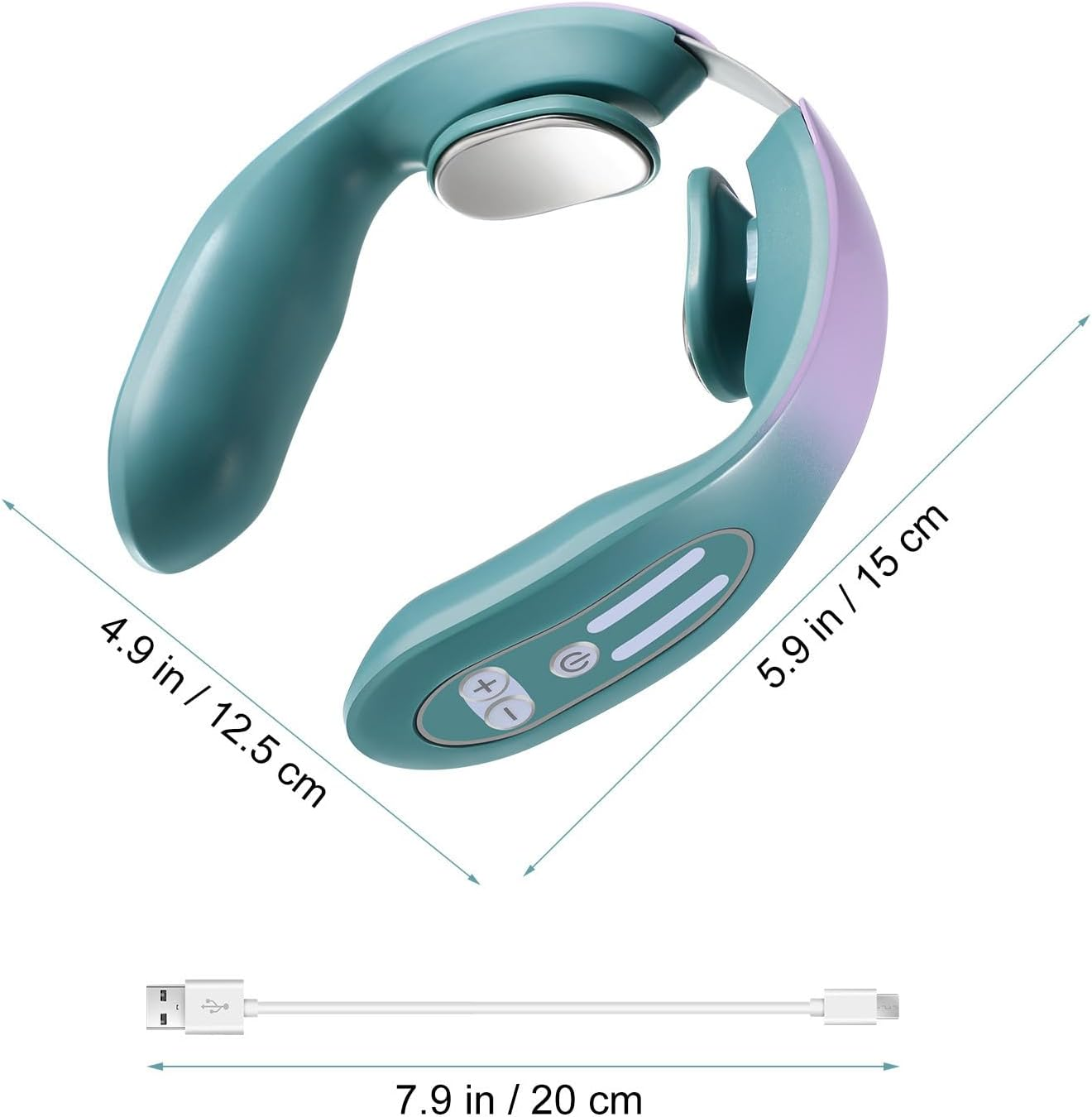 Türkis- und lila-Nackenmassagegerät mit Maßen und USB-Ladekabel vor weißem Hintergrund.