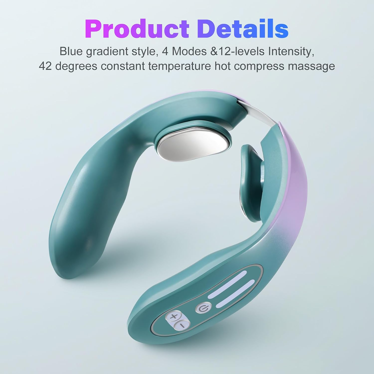 Ein blau-grüner Farbverlauf intelligenter Nackenmassagegerät mit Tasten und Metallpads vor hellen Hintergrund.