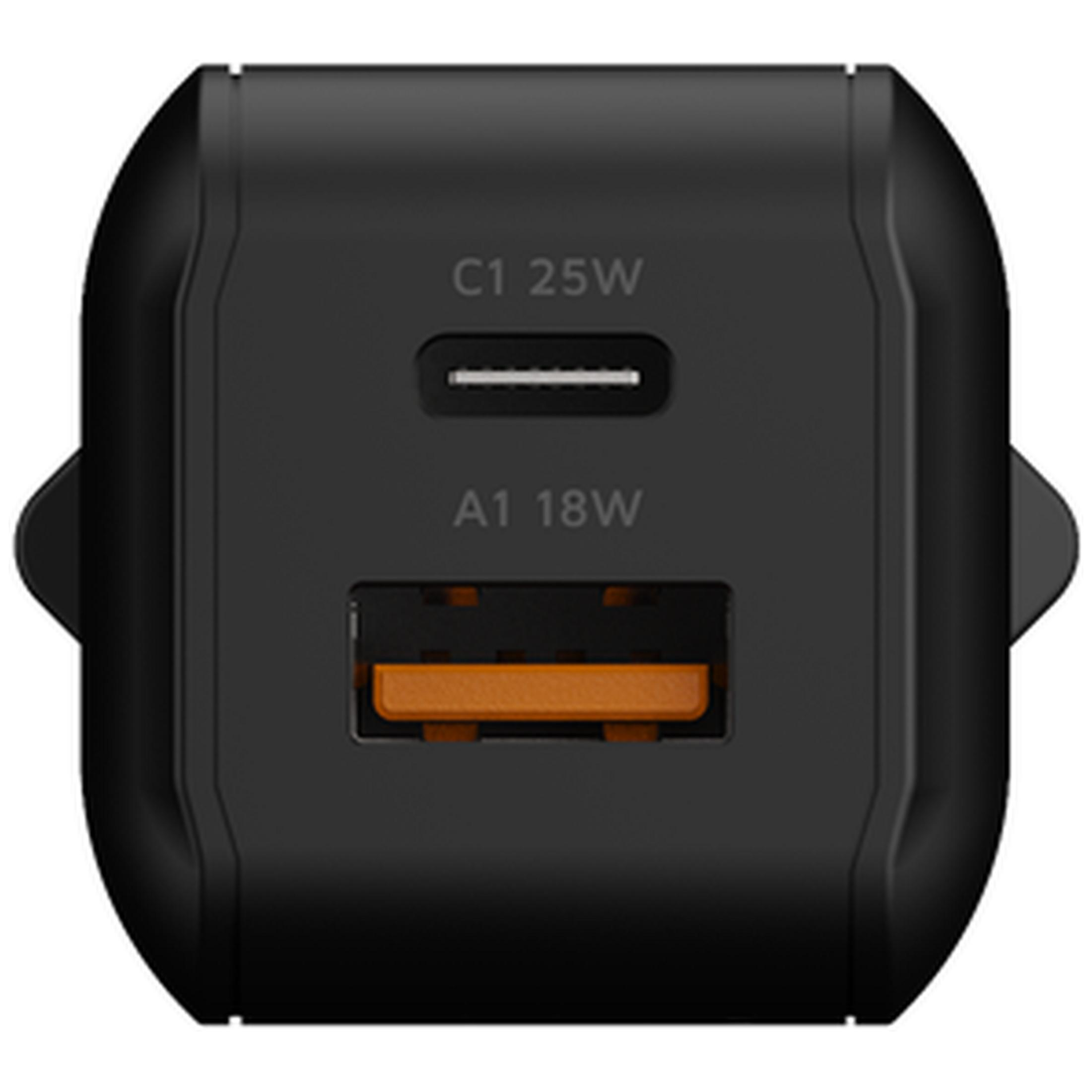 Ein schwarzes USB-Ladegerät mit einem USB-C- und einem USB-A-Anschluss.