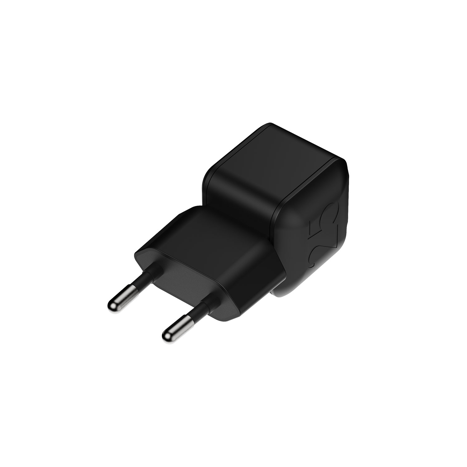 Ein schwarzes USB-C-Ladegerät mit zwei runden Metallstiften auf einer weißen Oberfläche.