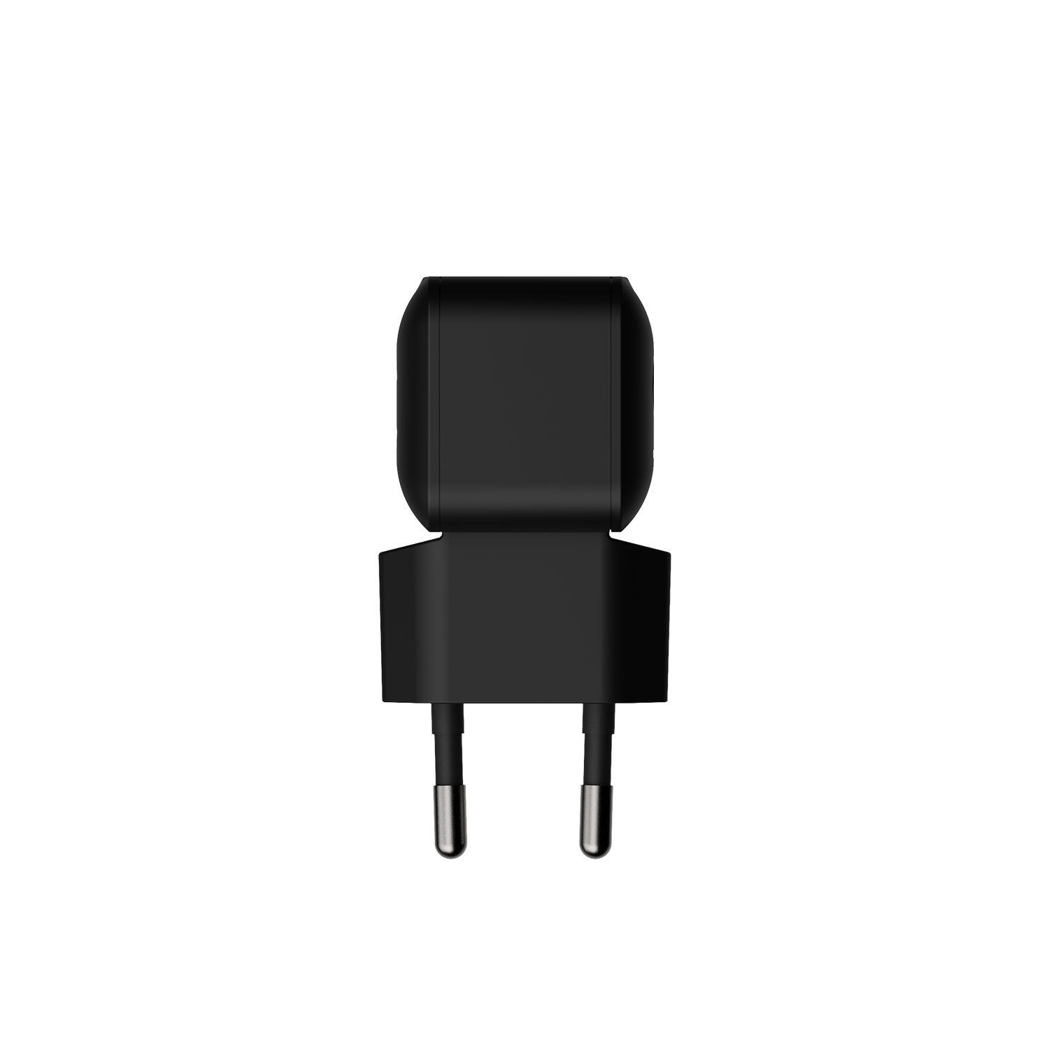 Ein schwarzer Netzstecker mit zwei Pins vor weißem Hintergrund.