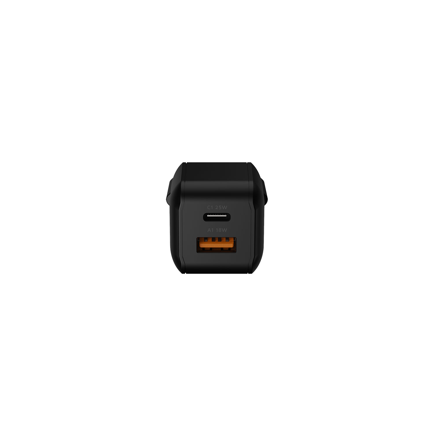 Ein schwarzes Wandladegerät mit einem USB-C- und einem orangen USB-A-Anschluss.