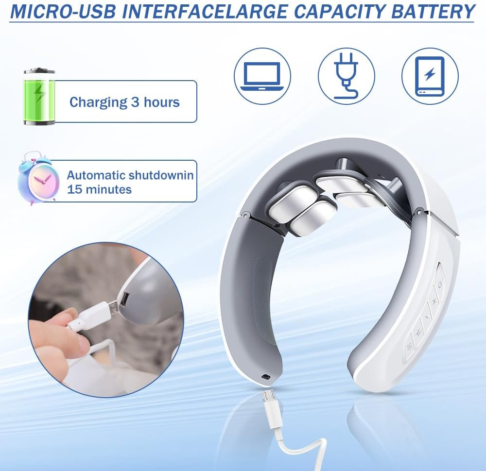 Nackenmassagegerät mit USB-Kabel, Ladezeit 3 Stunden und automatischer Abschaltung nach 15 Minuten.