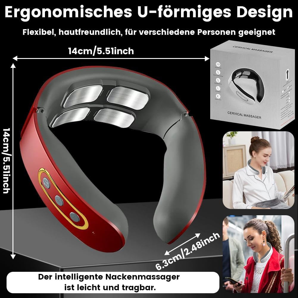 Rotes U-förmiges Nackenmassagegerät mit Maßen und Produktbildern auf dunklem Hintergrund.