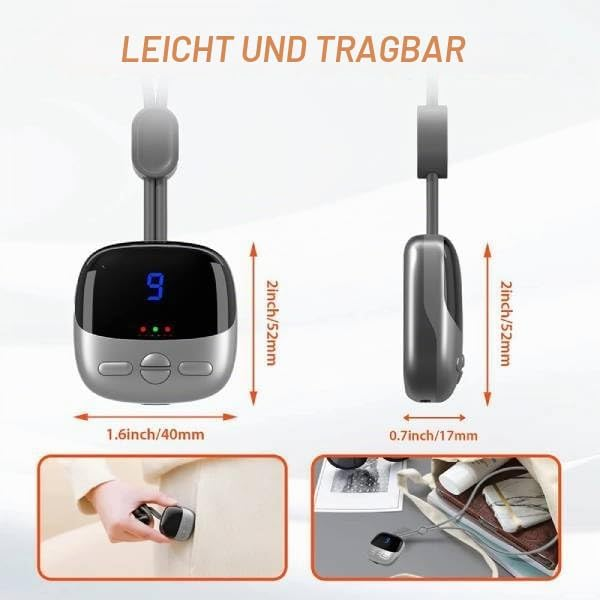 Kleine graue tragbare Stoppuhr mit Maßen und zwei Anwendungsbeispielen.
