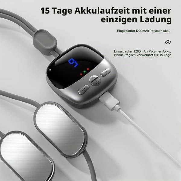Graues elektronisches Gerät mit Display und Ladekabel auf hellem Hintergrund.