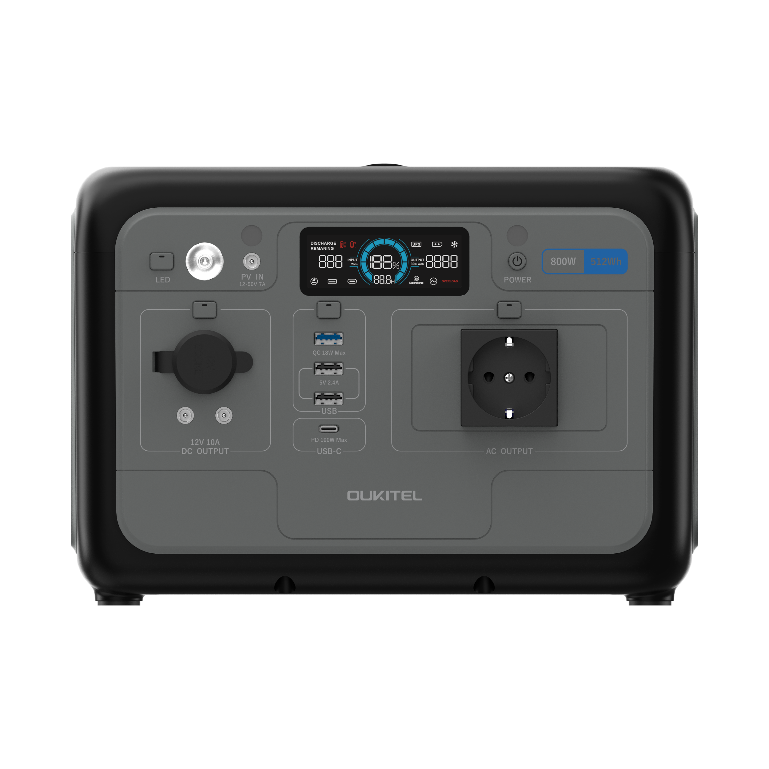 Eine schwarz-graue Oukitel Powerstation mit Digitalanzeige, AC-, DC- und USB-Anschlüssen vor schwarzem Hintergrund.