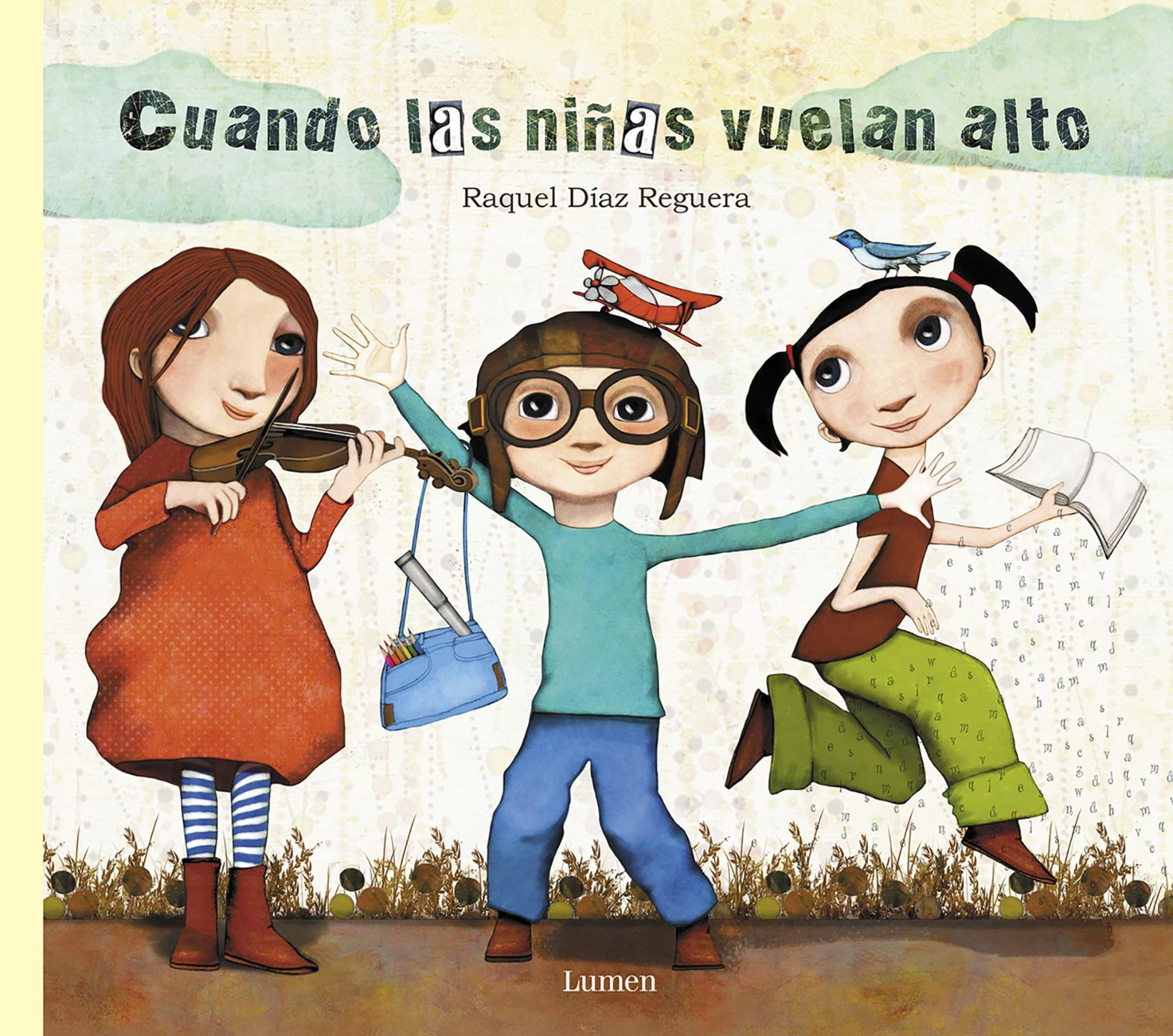 Tres niñas ilustradas en portada de libro; una toca violín, otra lleva gorro de aviador, otra sostiene un libro.