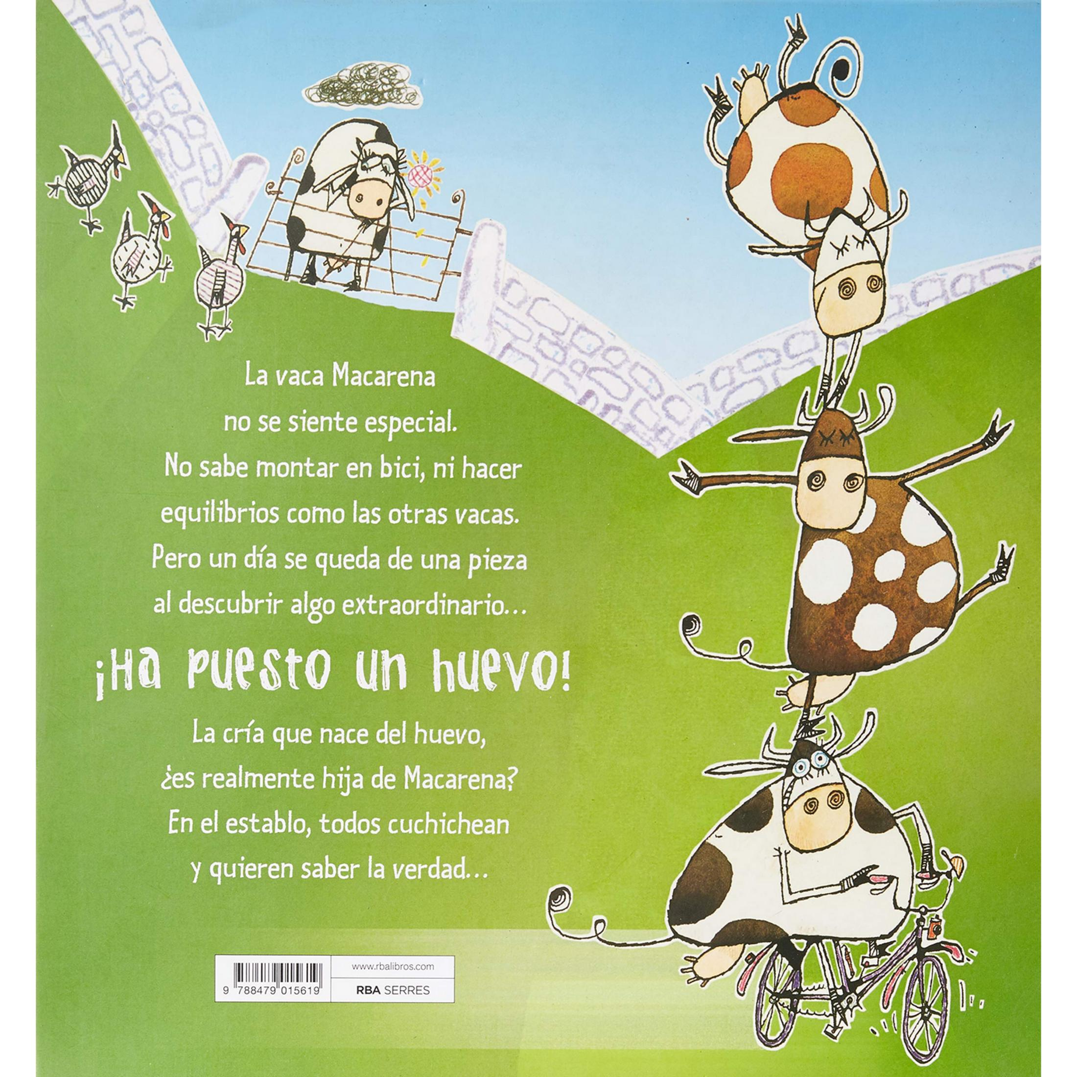 Una portada de libro infantil muestra cuatro vacas apiladas en un prado verde, gallinas a la izquierda y texto en el centro.