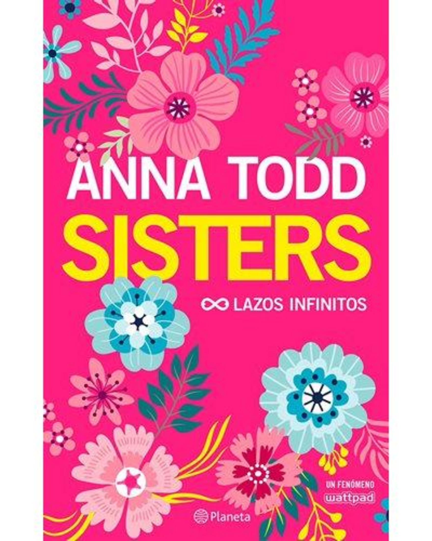 Portada de libro con fondo rosa e ilustraciones florales de colores. El título 'SISTERS' está impreso en grandes letras amarillas.