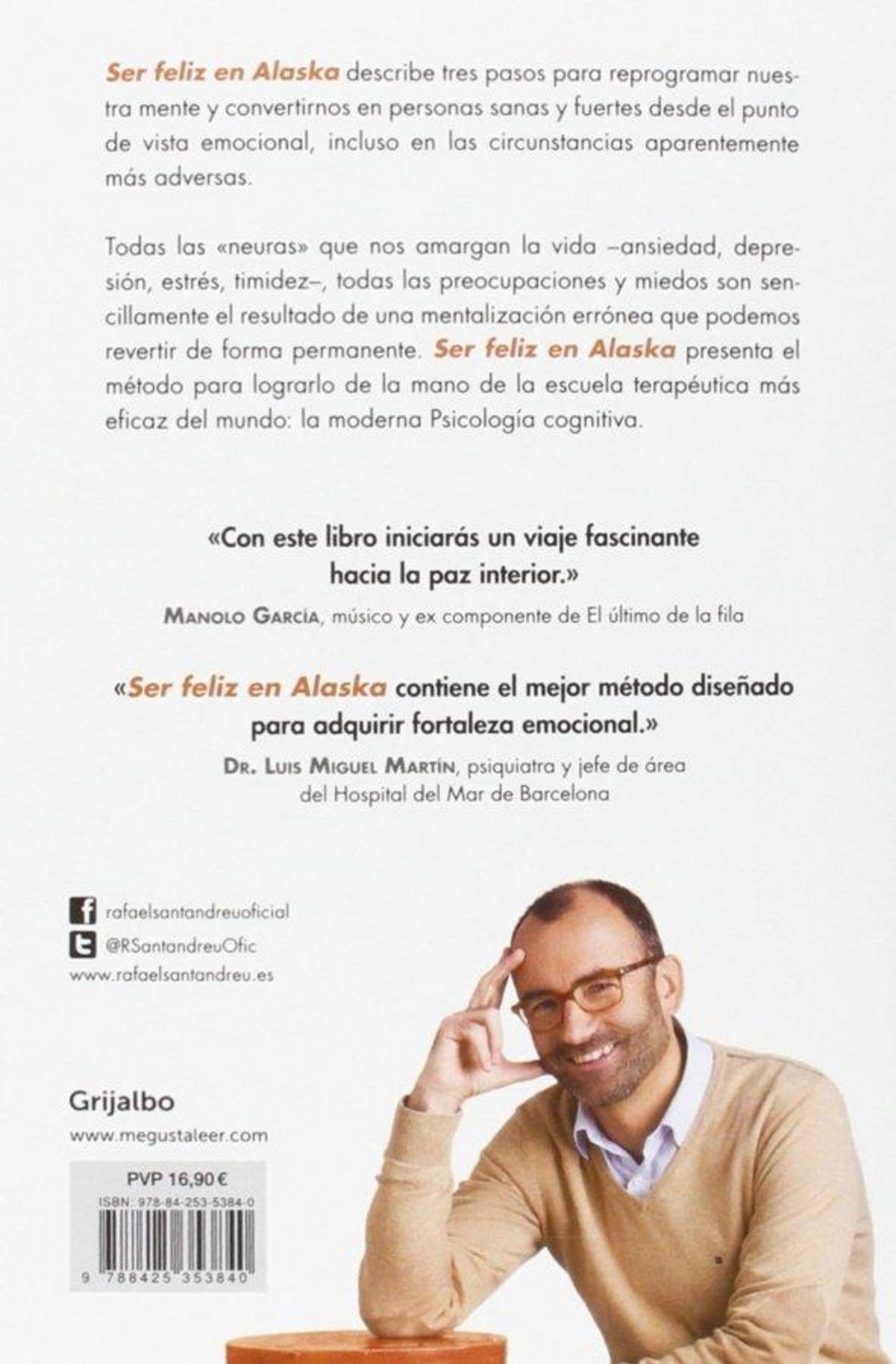 Contraportada de un libro con texto en español, testimonios y la foto de un autor sonriente con gafas.