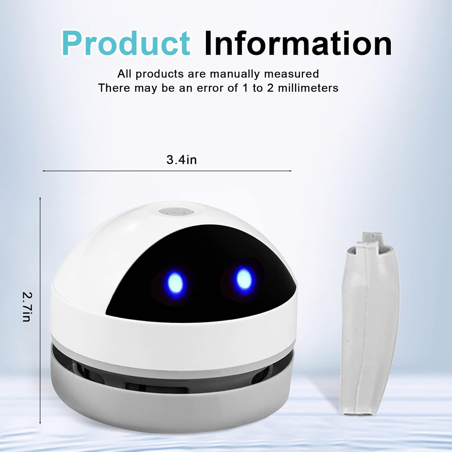 Produktinformationen zeigen Maße für einen kleinen weißen Roboter mit blauen Augen und Zubehör.