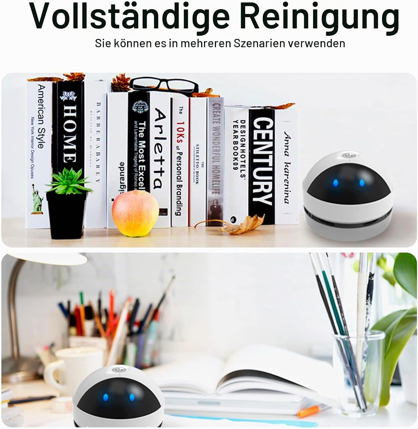 Ein weißer, runder Mini-Staubsauger mit blauen LEDs steht auf einem Schreibtisch neben Büchern.