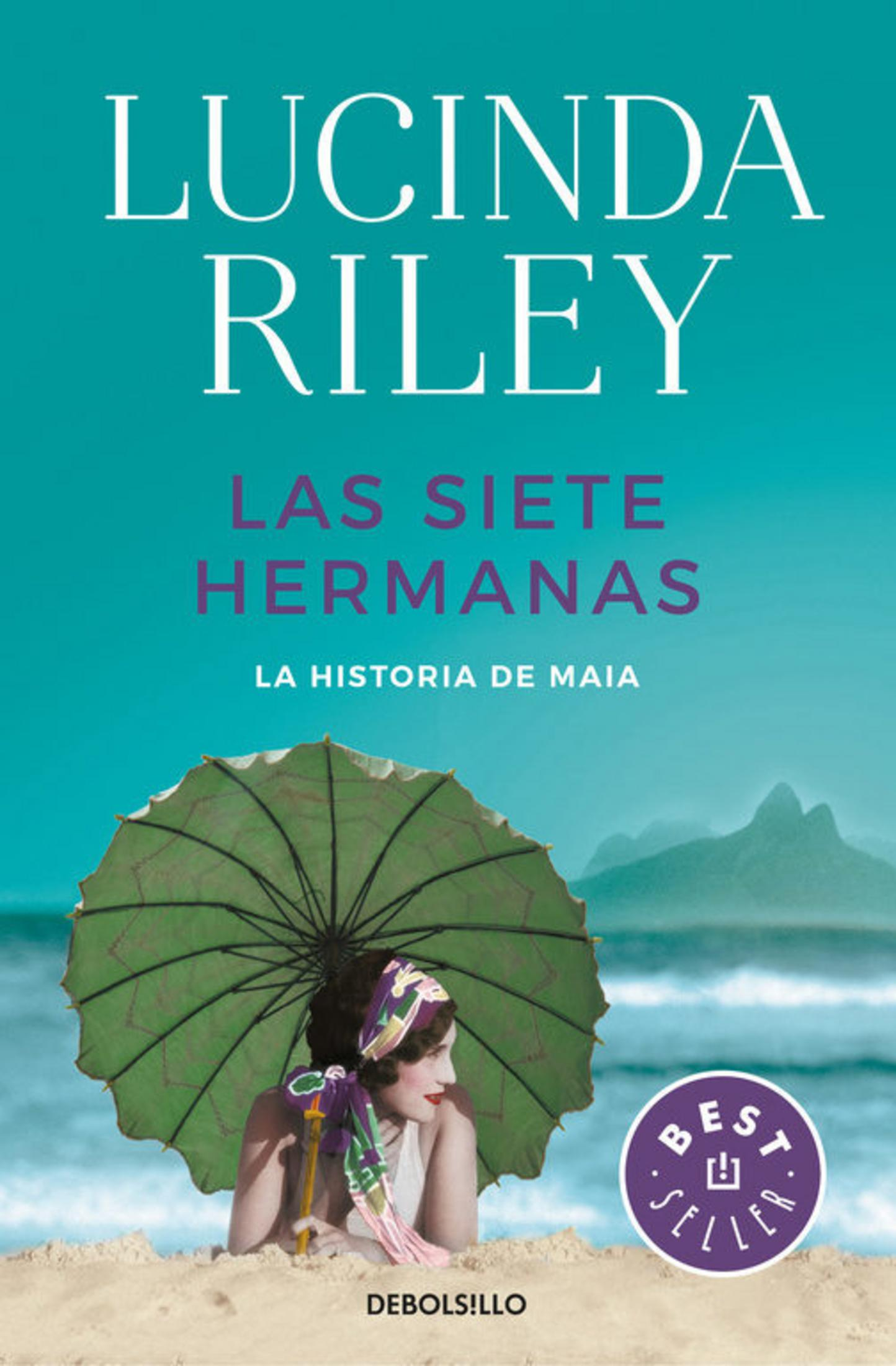 Portada de libro con mujer en la playa, sombrilla verde y mar azul grisáceo.