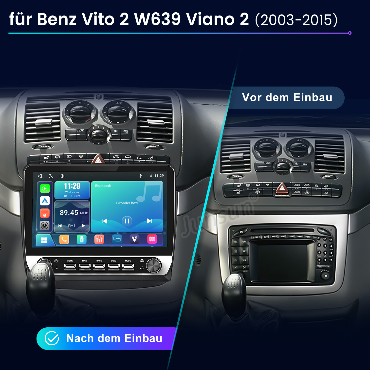 Vergleich eines Armaturenbretts vor und nach dem Einbau eines neuen Navigationssystems in einen Mercedes Vito/Viano.