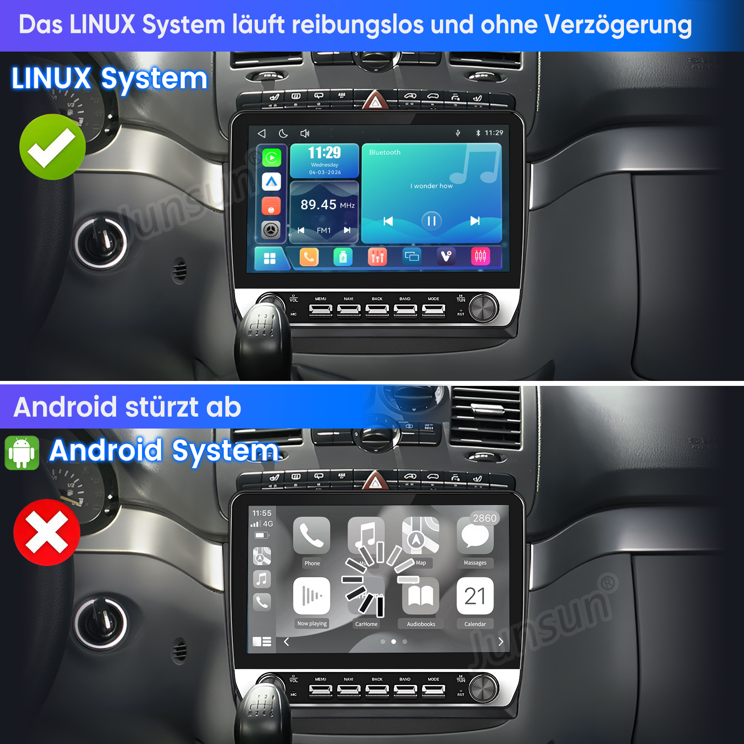 Ein Autoinnenraum vergleicht ein reibungsloses Linux-System mit einem abstürzenden Android-System auf einem Touchscreen.