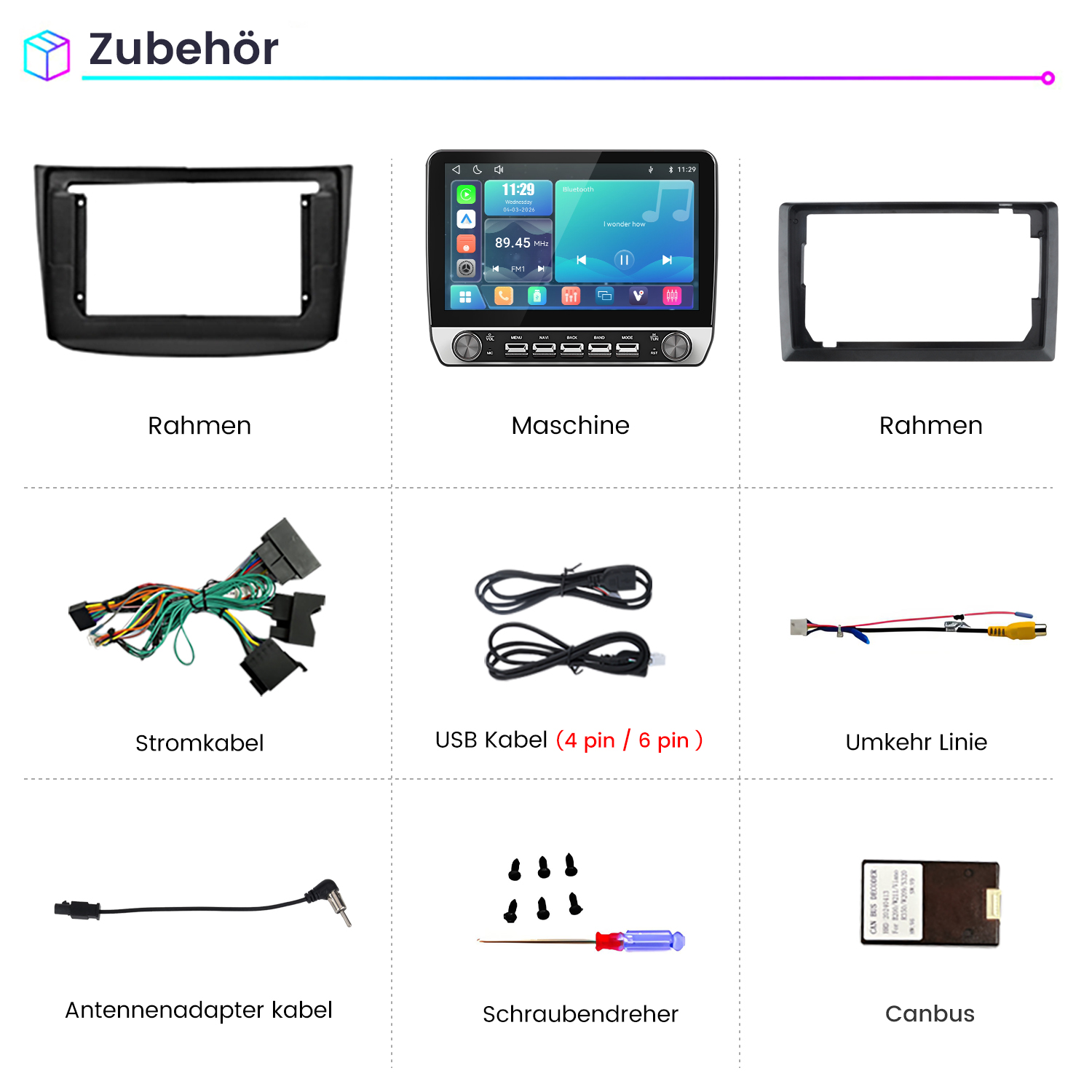 Zubehörteile für Autoradios, einschließlich Rahmen, Maschine, Stromkabel, USB-Kabel, Schraubendreher und Canbus.