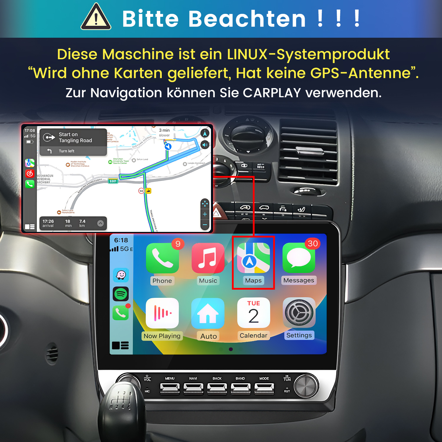 Linux-Autoradio mit CarPlay-Menü und Hinweis zu fehlenden Karten.