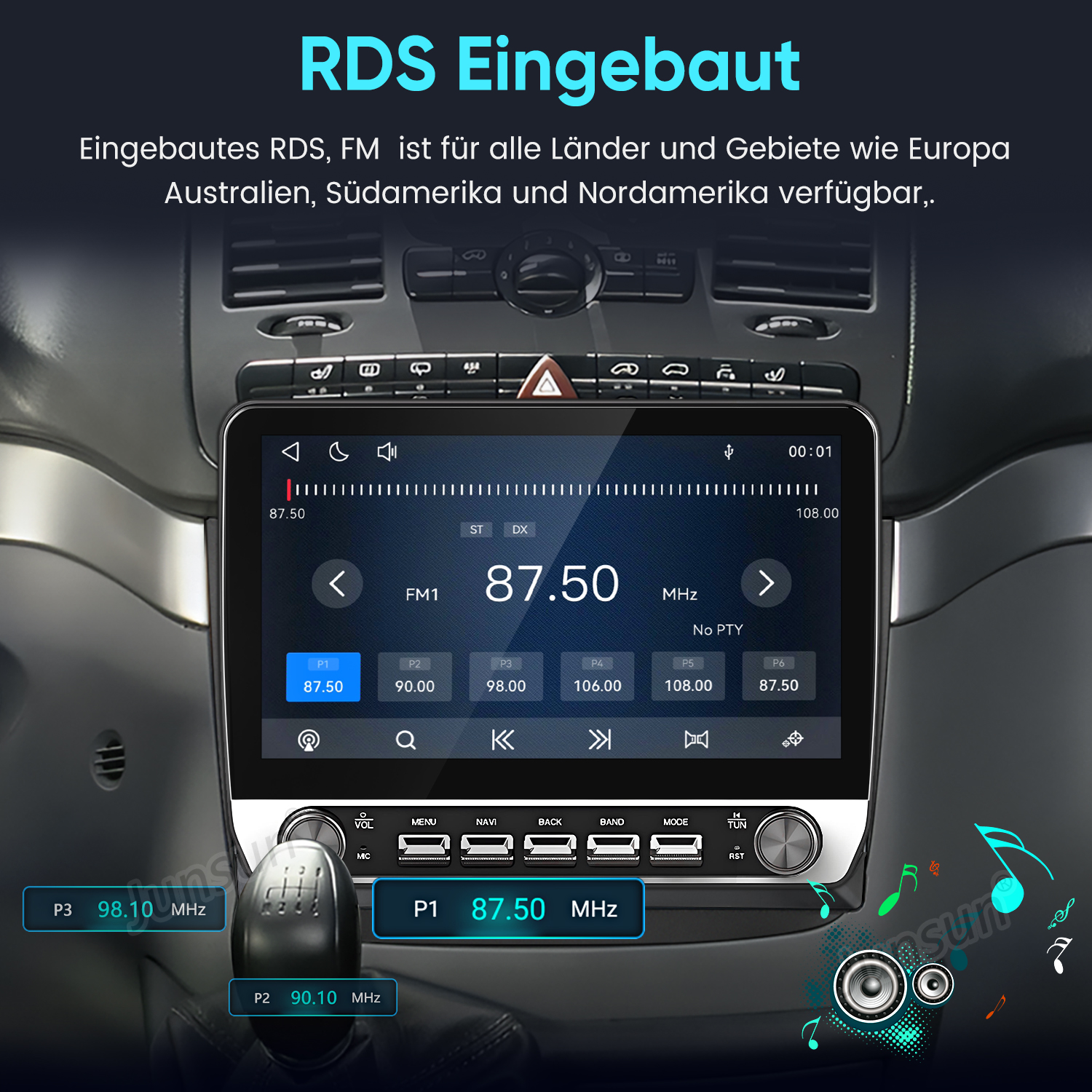 Autoradio mit großem Touchscreen, FM-Radioanzeige und integrierter Konsole im Fahrzeug.
