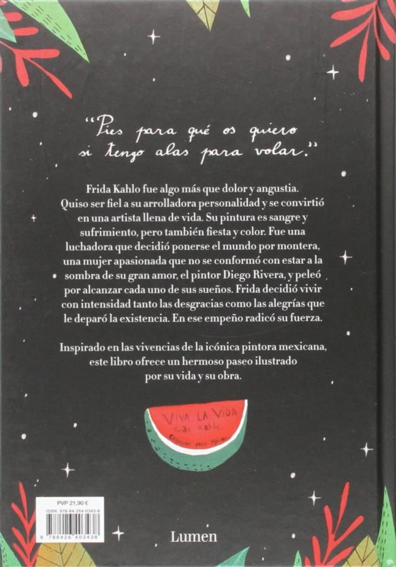 Contraportada de un libro de Frida Kahlo con fondo negro, texto en español, cenefas florales e ilustración de sandía.