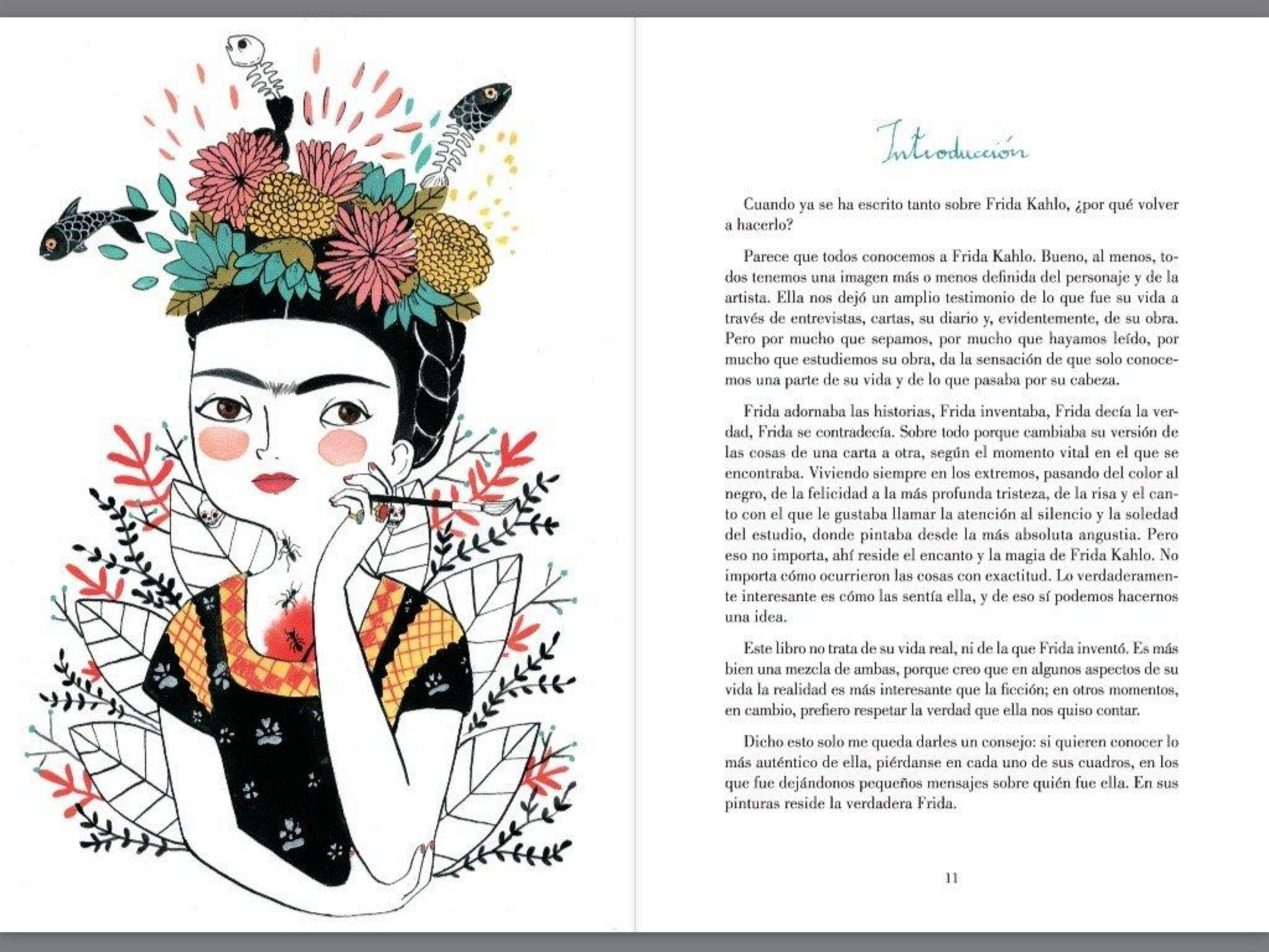 Ilustración de una mujer con corona floral, motivos de peces y texto a la derecha.