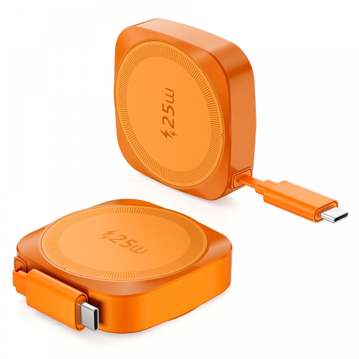 Zwei orange 25W Powerbanks mit integrierten USB-C-Kabeln, stehend und liegend vor weißem Hintergrund.