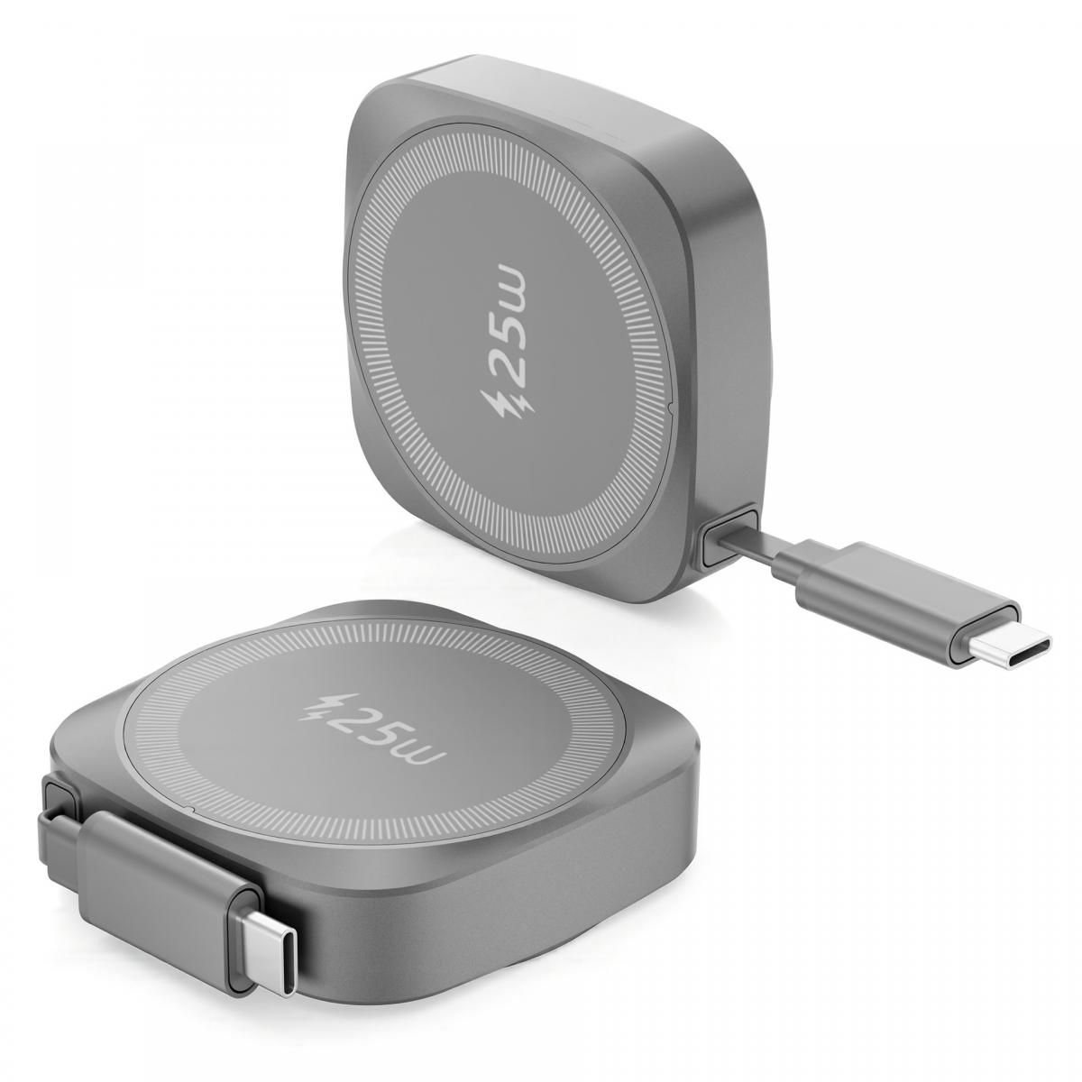 Zwei graue, quadratische 25W-Schnellladegeräte mit USB-C-Kabeln und runden Designdetails auf weißem Hintergrund.