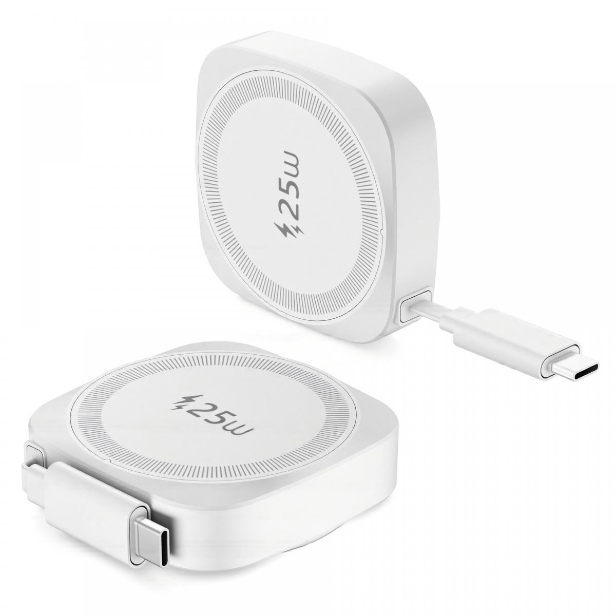 Zwei weiße 25W USB-C Ladekabel-Rollo auf weißem Hintergrund.