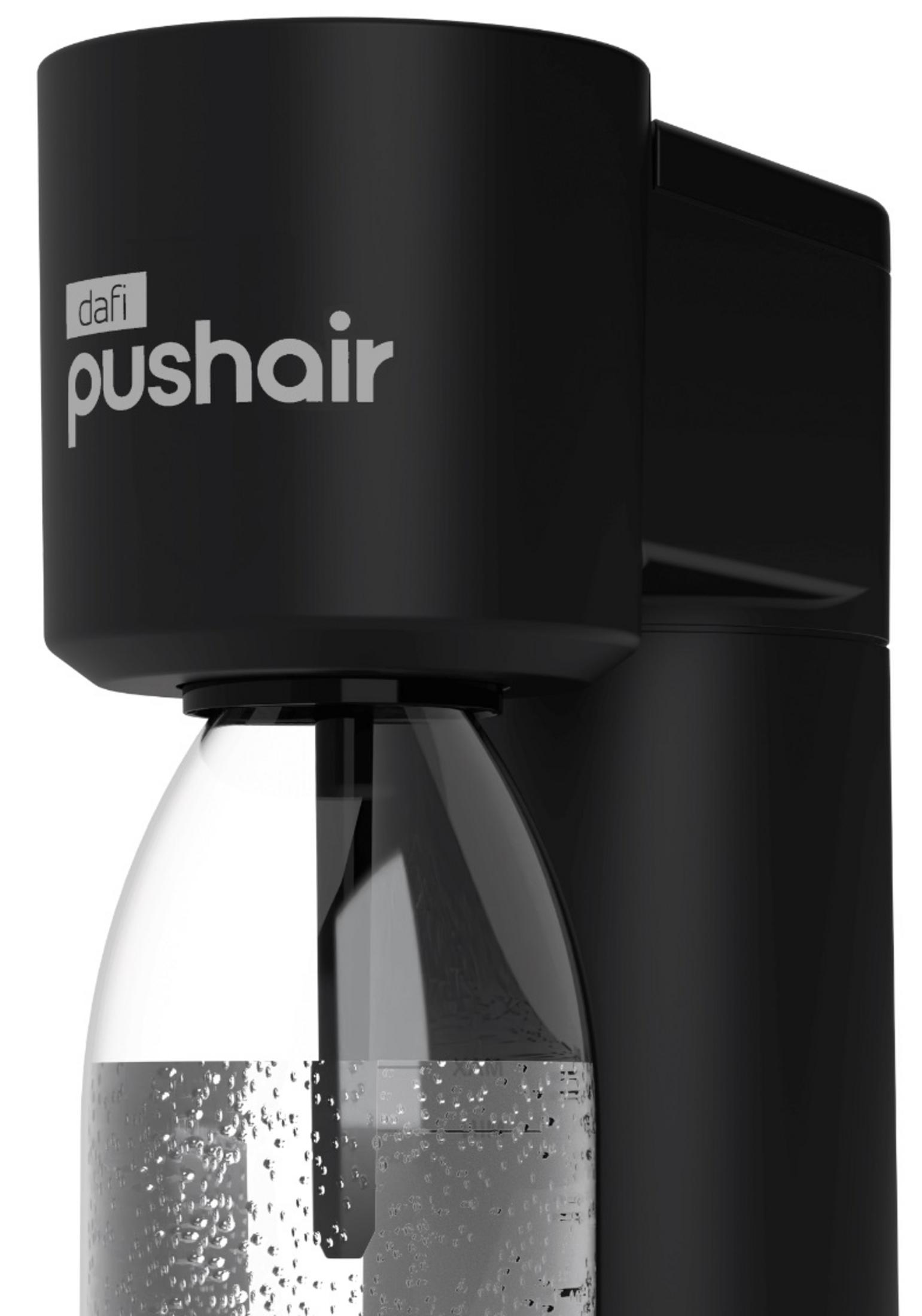 Schwarzer Dafi Pushair Wassersprudler mit einer vollen, klaren Glasflasche und kleinen Bläschen.