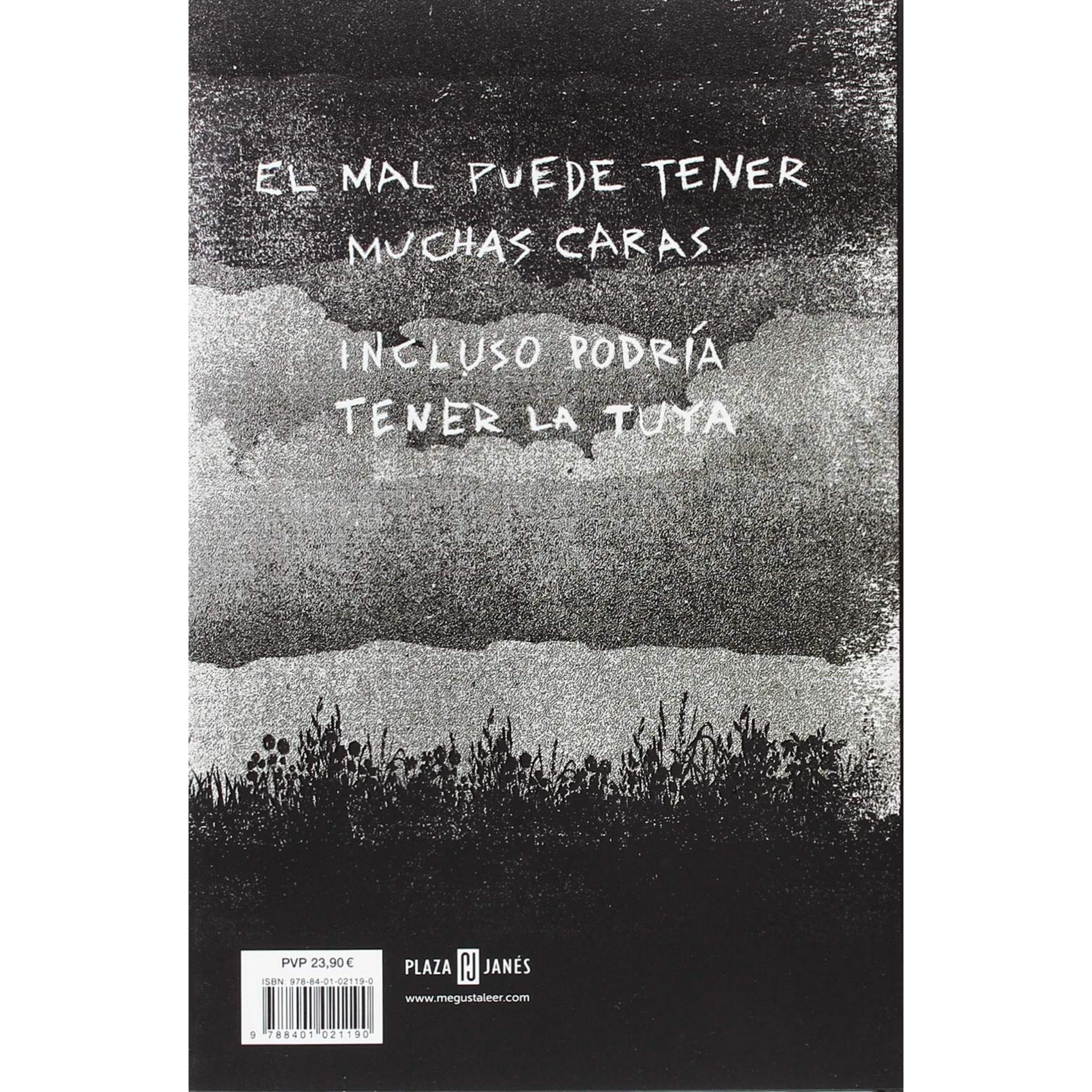 Contraportada de un libro con fondo negro, texto en español, nubes y plantas en la parte inferior.