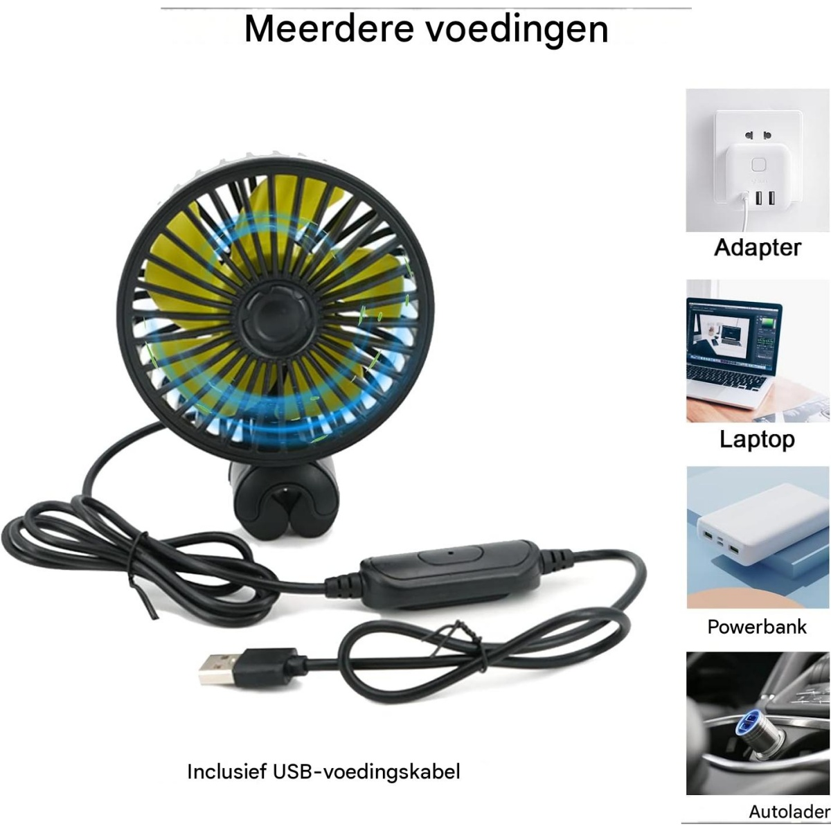 Schwarzer Tischventilator mit gelben Blättern und USB-Kabel sowie vier verschiedene Stromquellen.
