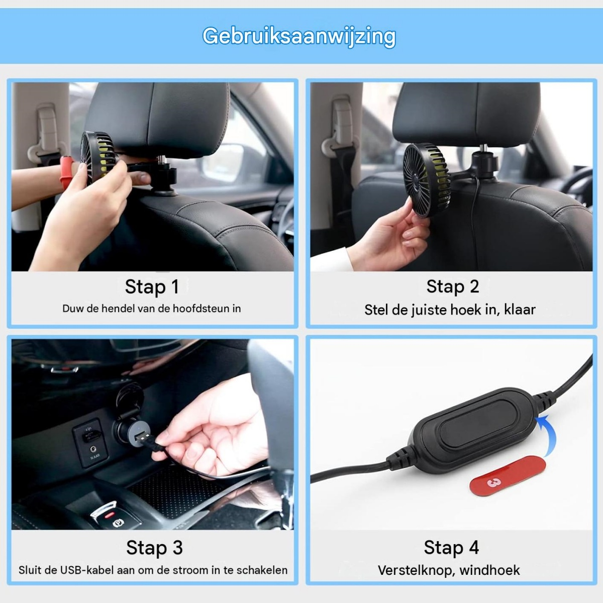 Vier-Schritte-Anleitung zur Montage eines Autositz-Ventilatoren, USB-Anschluss und Schalterbefestigung.