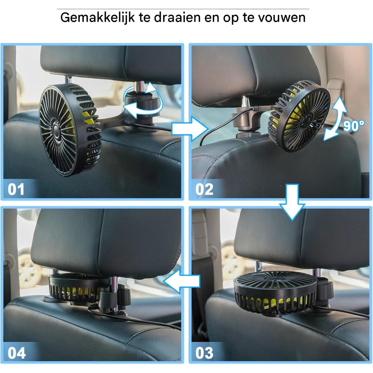 Vier Bilder zeigen einen schwarzen Autoventilator, der an einer Kopfstütze befestigt und schwenkbar ist.