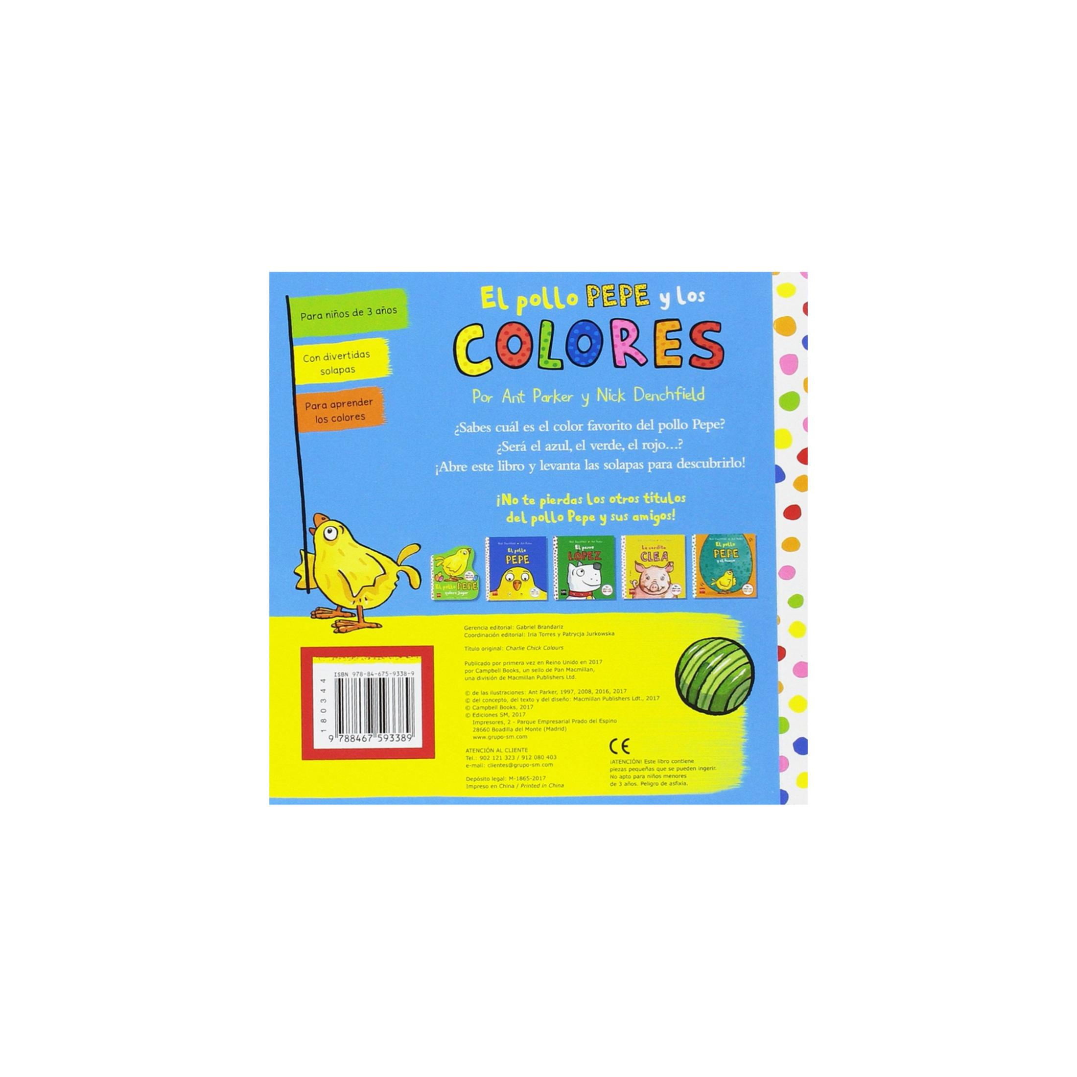 Contraportada del libro infantil 'El pollo PEPE y los COLORES' con un pollito amarillo y texto en fondo azul.