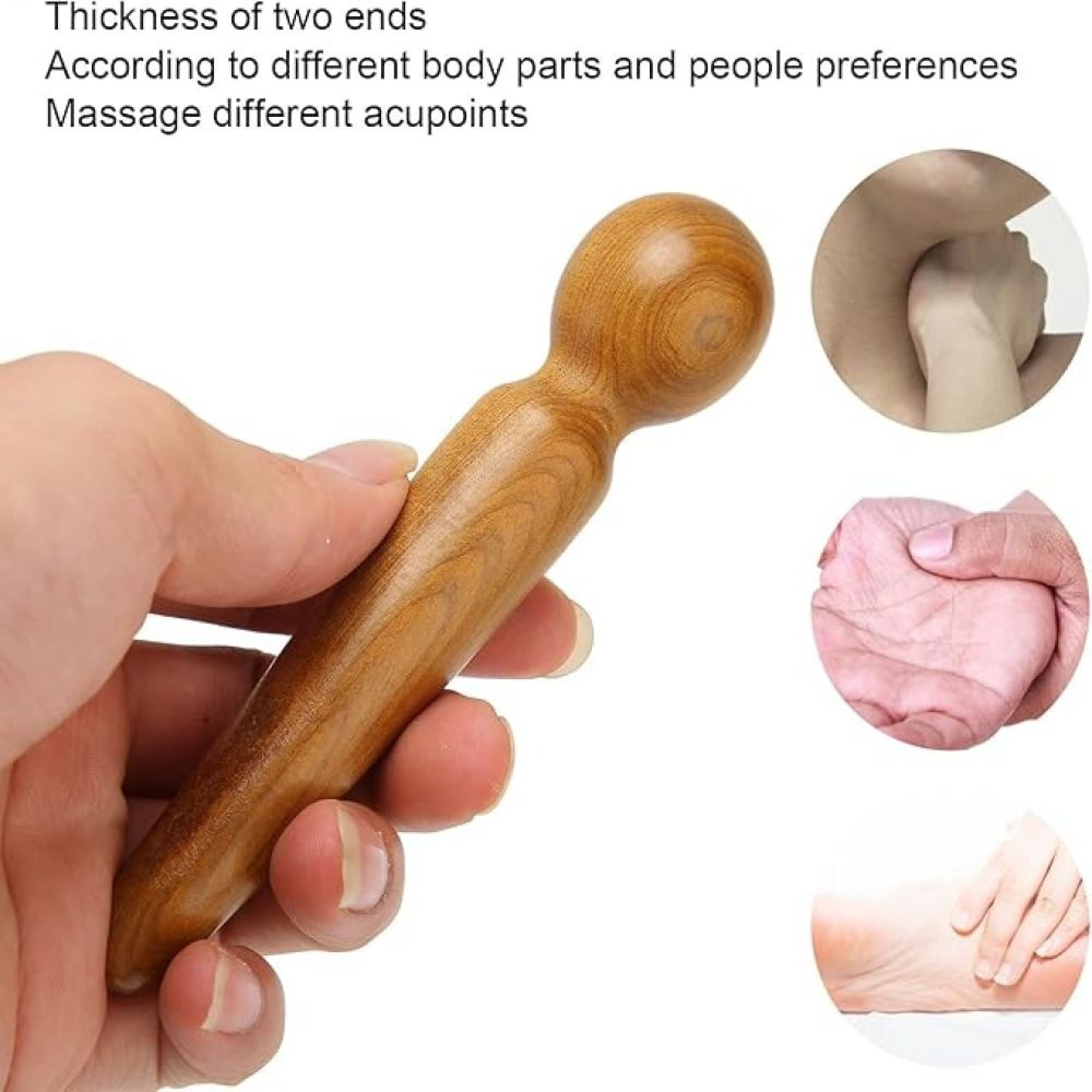 Ein hölzernes Akupressur-Massagegerät wird in einer Hand gehalten, mit drei kleineren Bildern, die seine Anwendung am Hals, der Hand und dem Fuß zeigen.