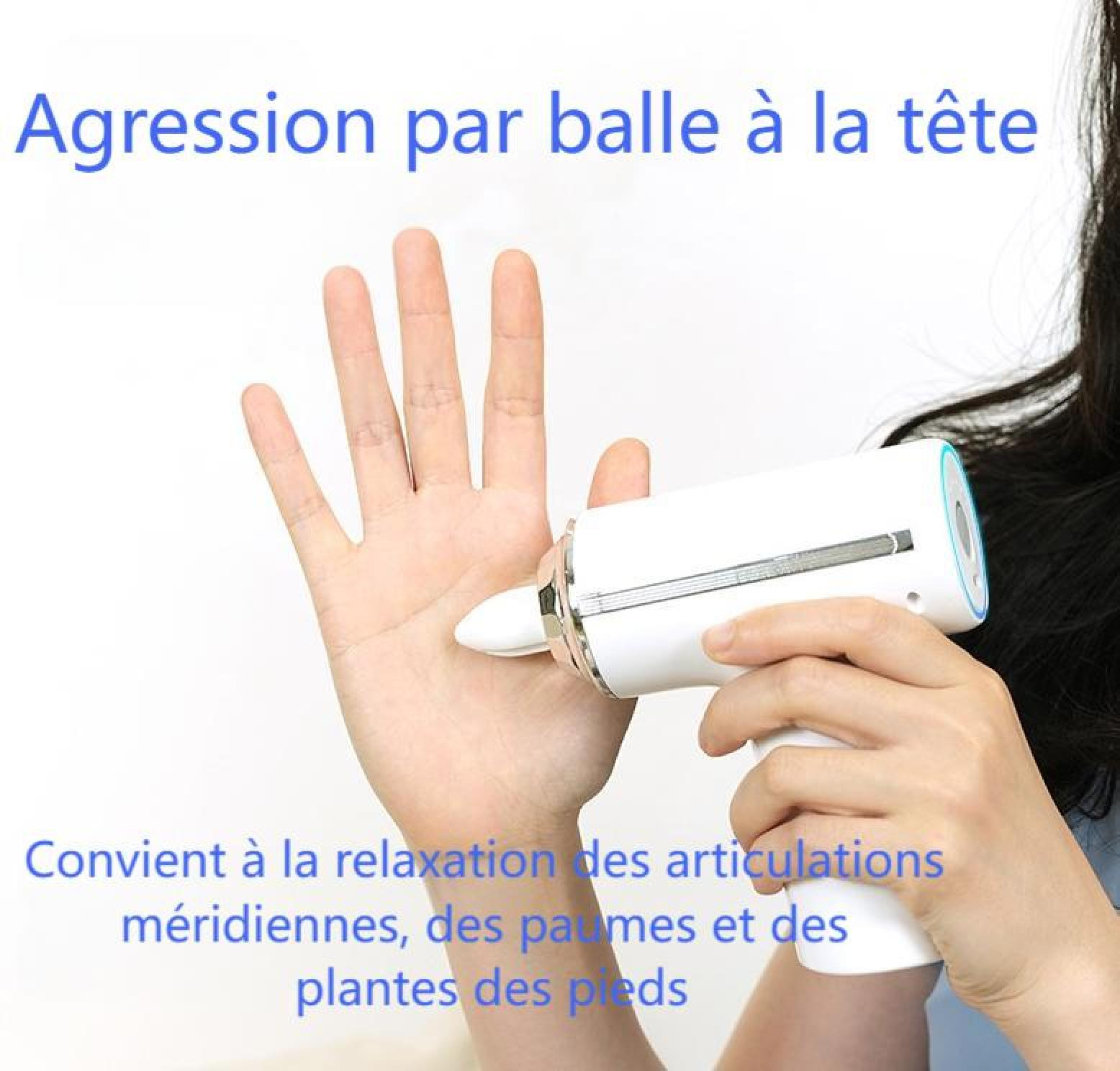 Eine Hand massiert die Handfläche mit einem weißen Massagegerät, französischer Text über Entspannung.
