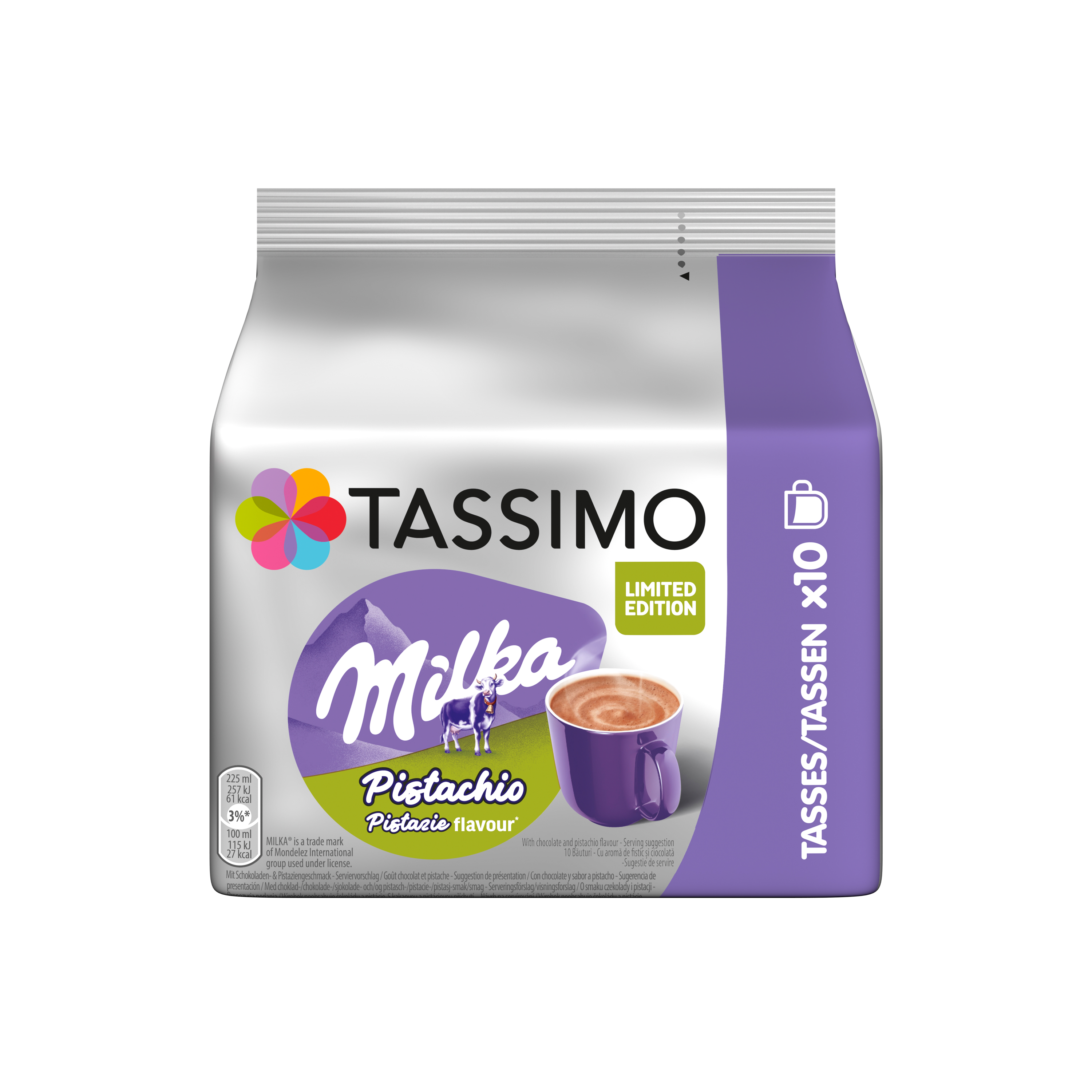 Tassimo Milka Pistachio Kaffeepads Verpackung in Silber und Lila mit Tasse Kakao und Milka Kuh.