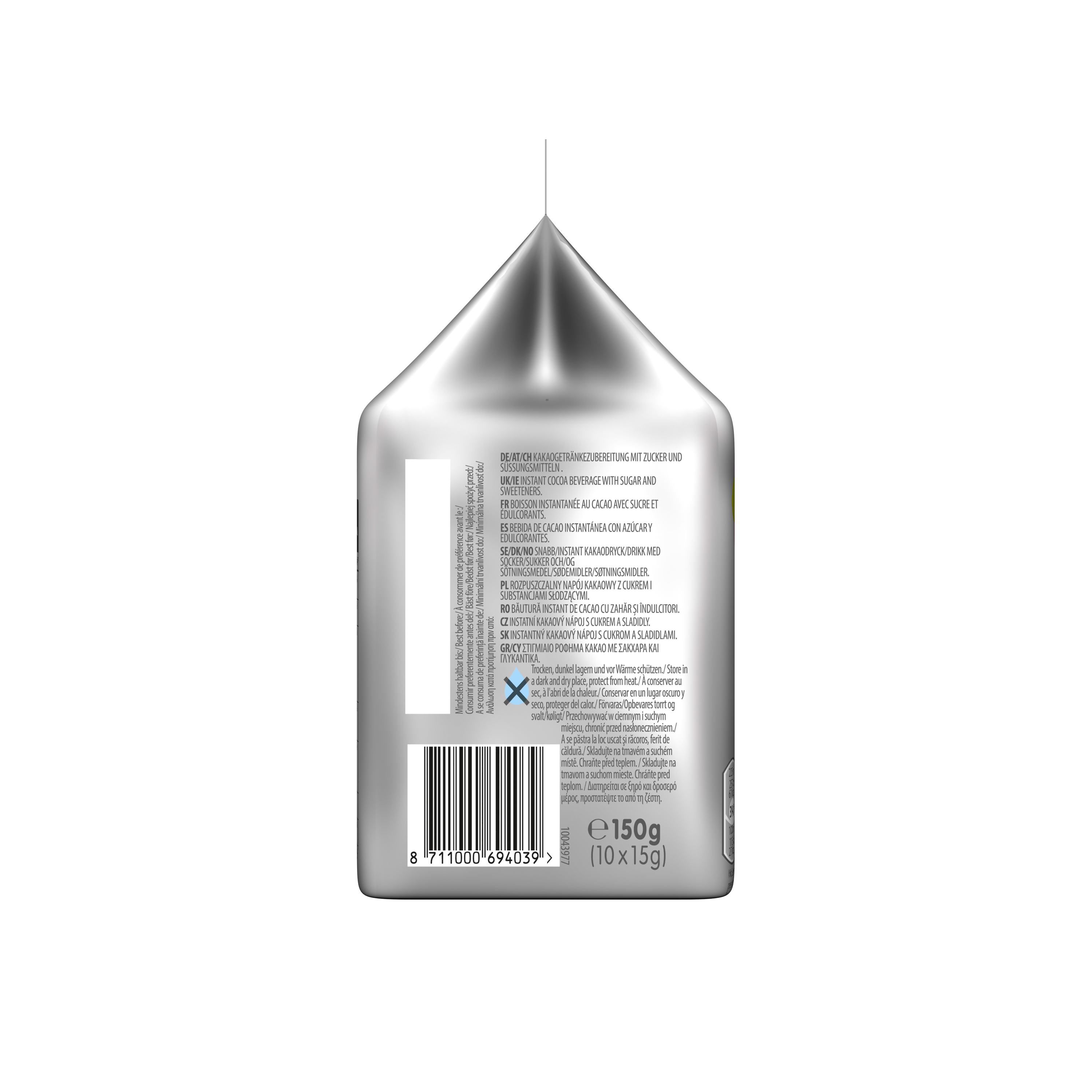 Silberne Verpackung mit mehrsprachigem Text, Barcode und Gewichtsangabe 150g.