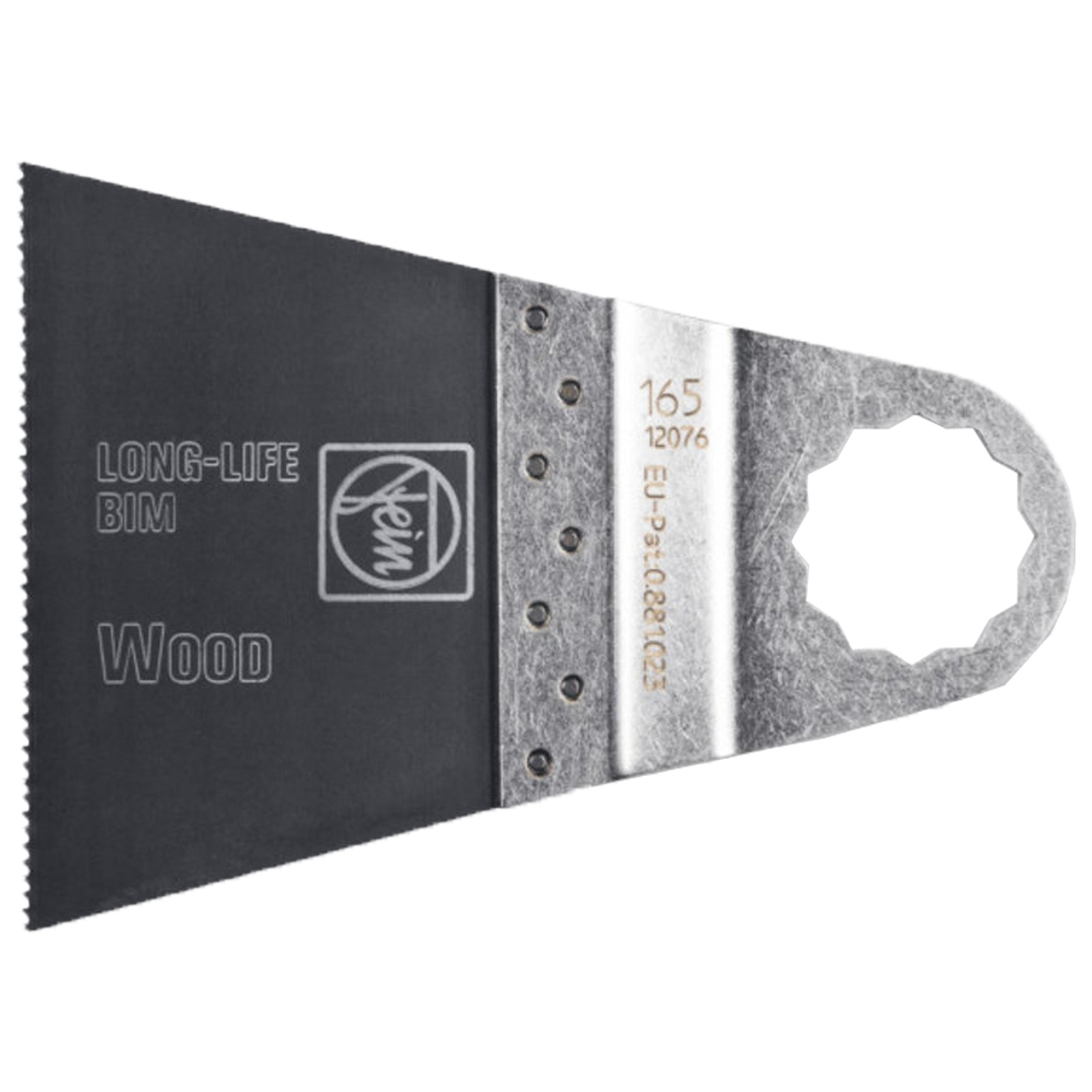 Ein schwarzes Oszillations-Sägeblatt für Holz mit Stern-Aufnahme und Textaufdruck.