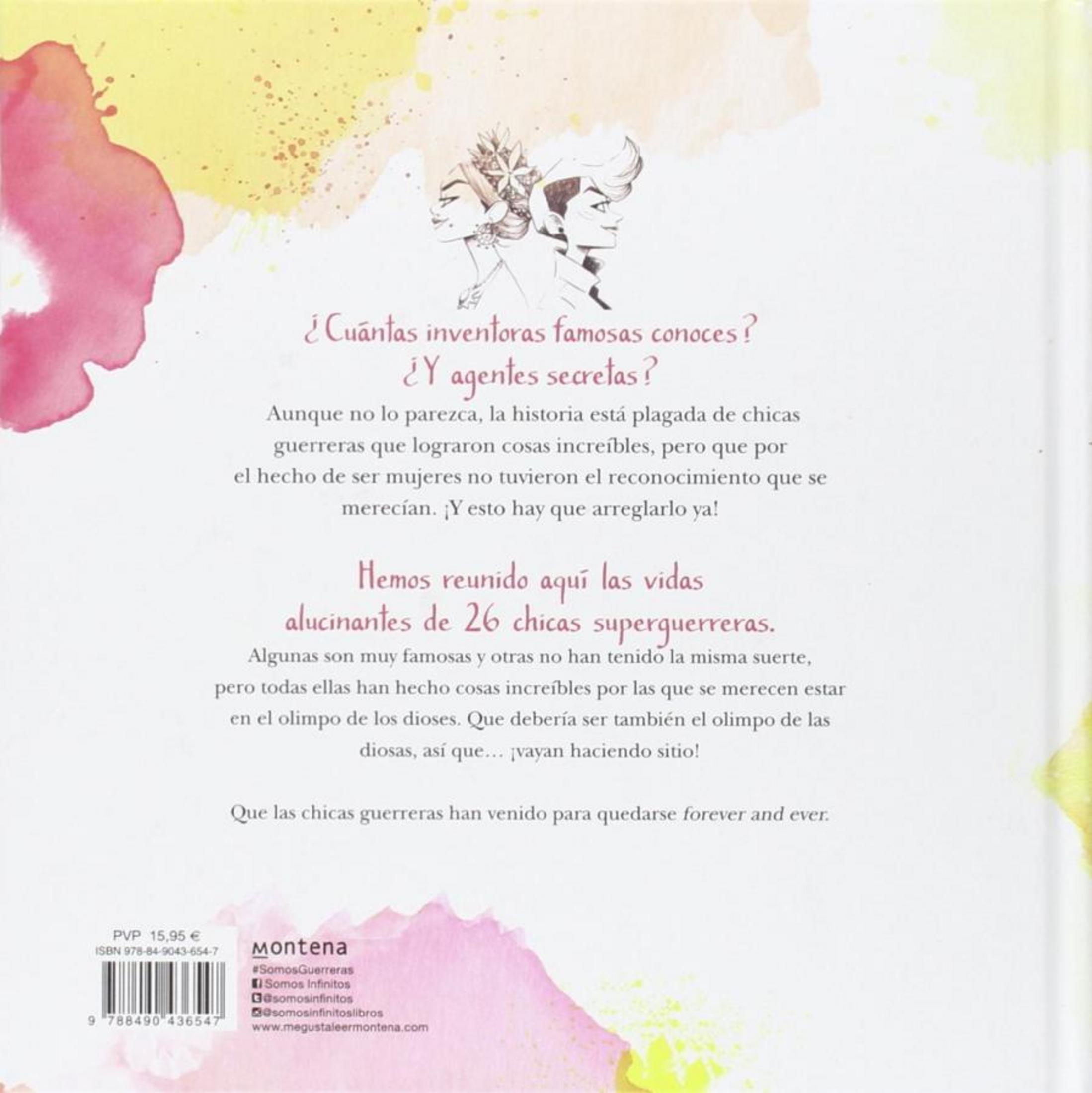 Contraportada de libro en español con manchas de acuarela, ilustraciones de dos mujeres y texto sobre 26 heroínas.