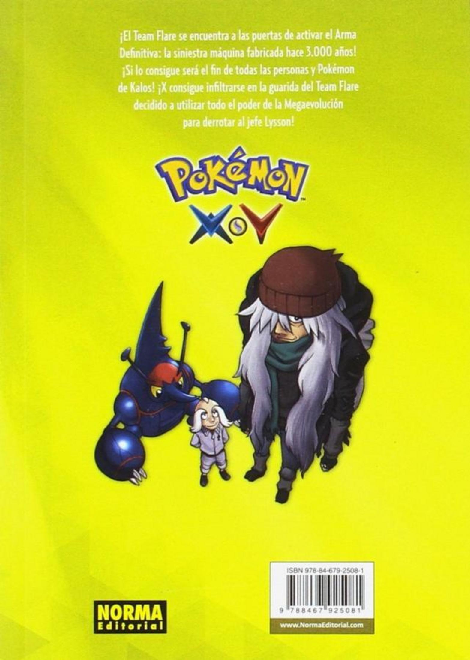 Contraportada de un cómic de Pokémon con personajes, texto en español, logo y código de barras sobre fondo verde lima.