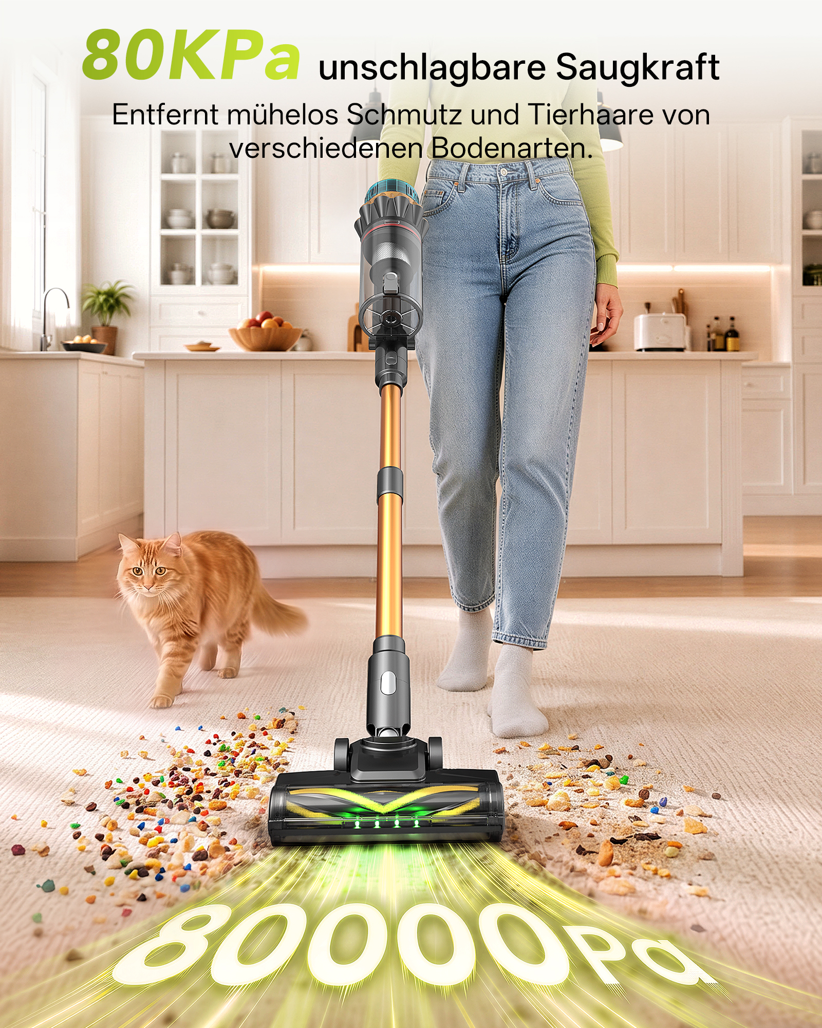 Eine Frau saugt ein helles Zimmer mit einem modernen, kabellosen Staubsauger, während eine orange Katze zusieht.