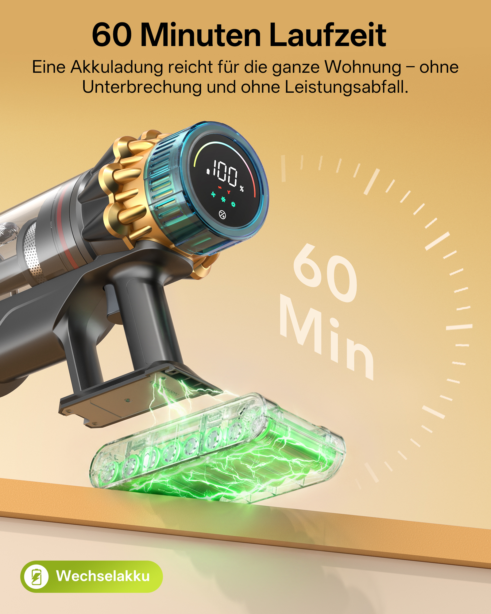 Akku-Staubsauger mit digitalem Display und 60 Minuten Laufzeit vor goldenem Hintergrund.